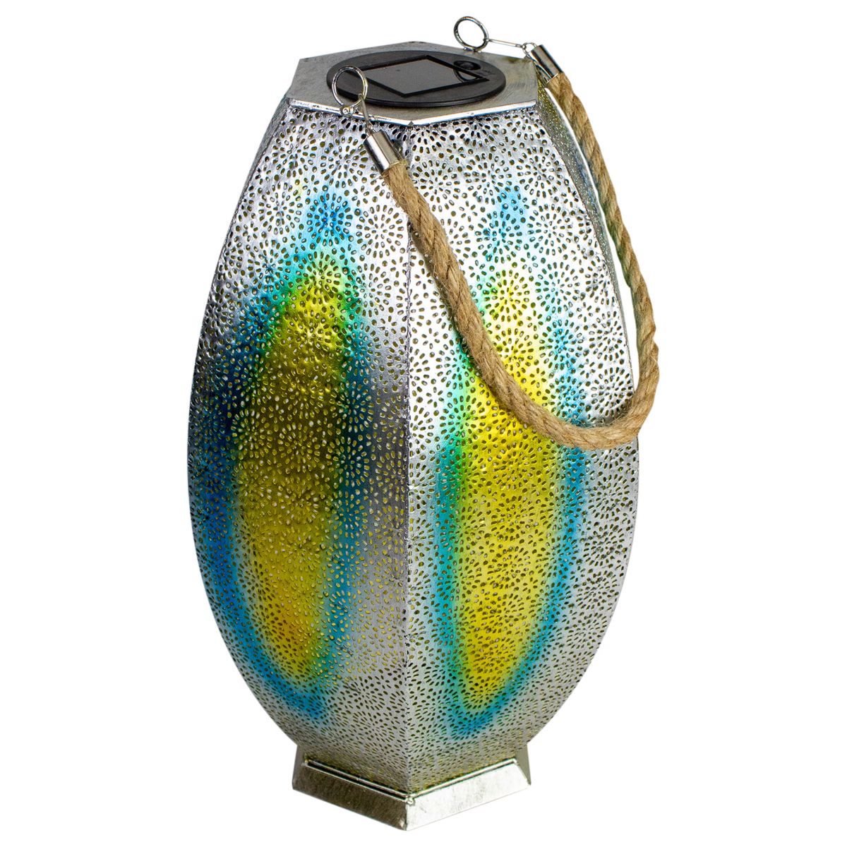 15.5" Silver Floral Outdoor Hanging Solar Lantern with Jute Handle