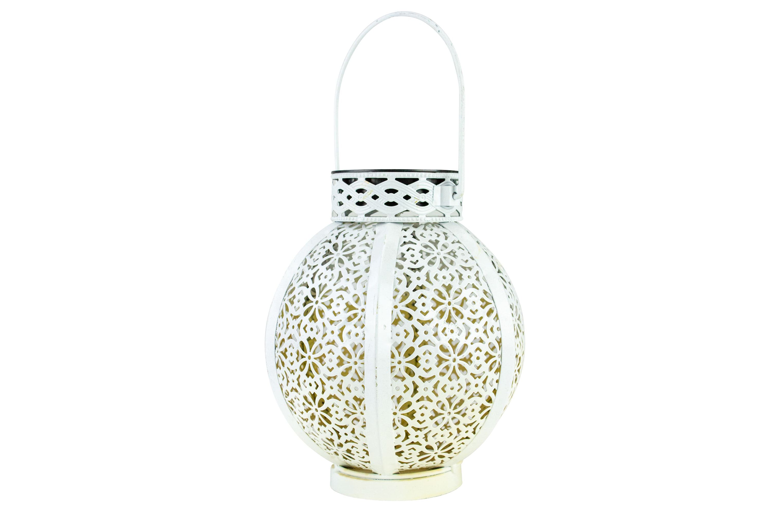 7" White Integrated Floral Pattern Outdoor Solar Lantern with Handle