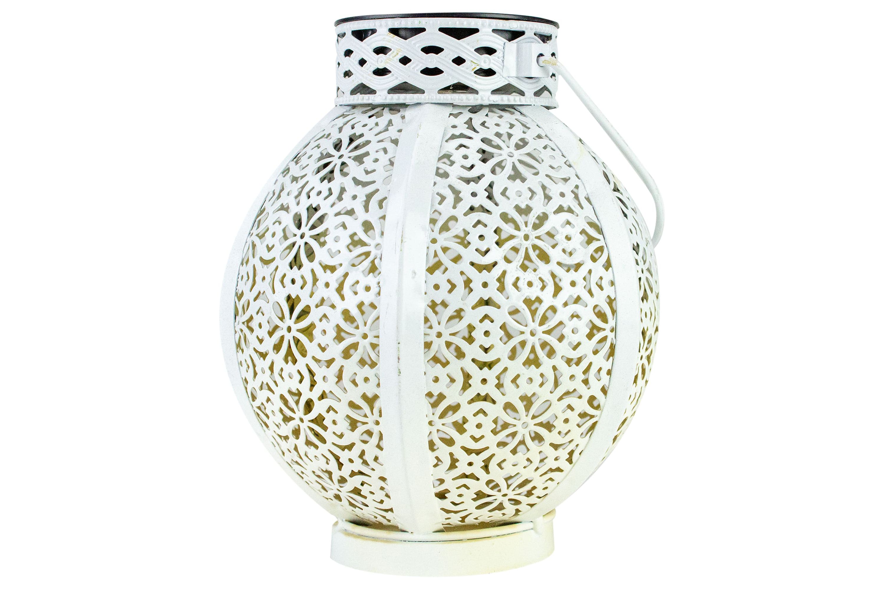7" White Integrated Floral Pattern Outdoor Solar Lantern with Handle