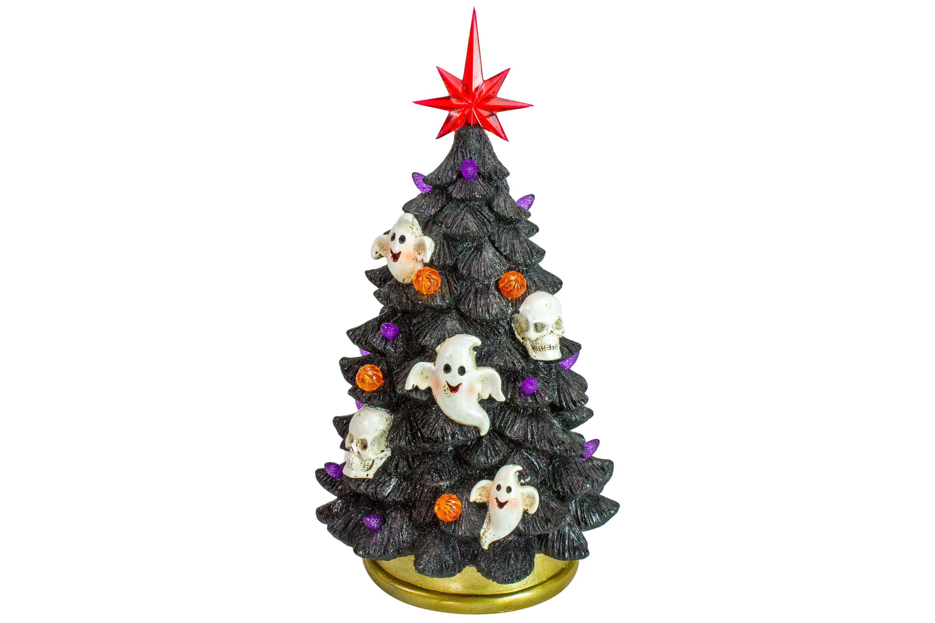 LED Lighted Skull and Ghost Halloween Tree - 12" - Black