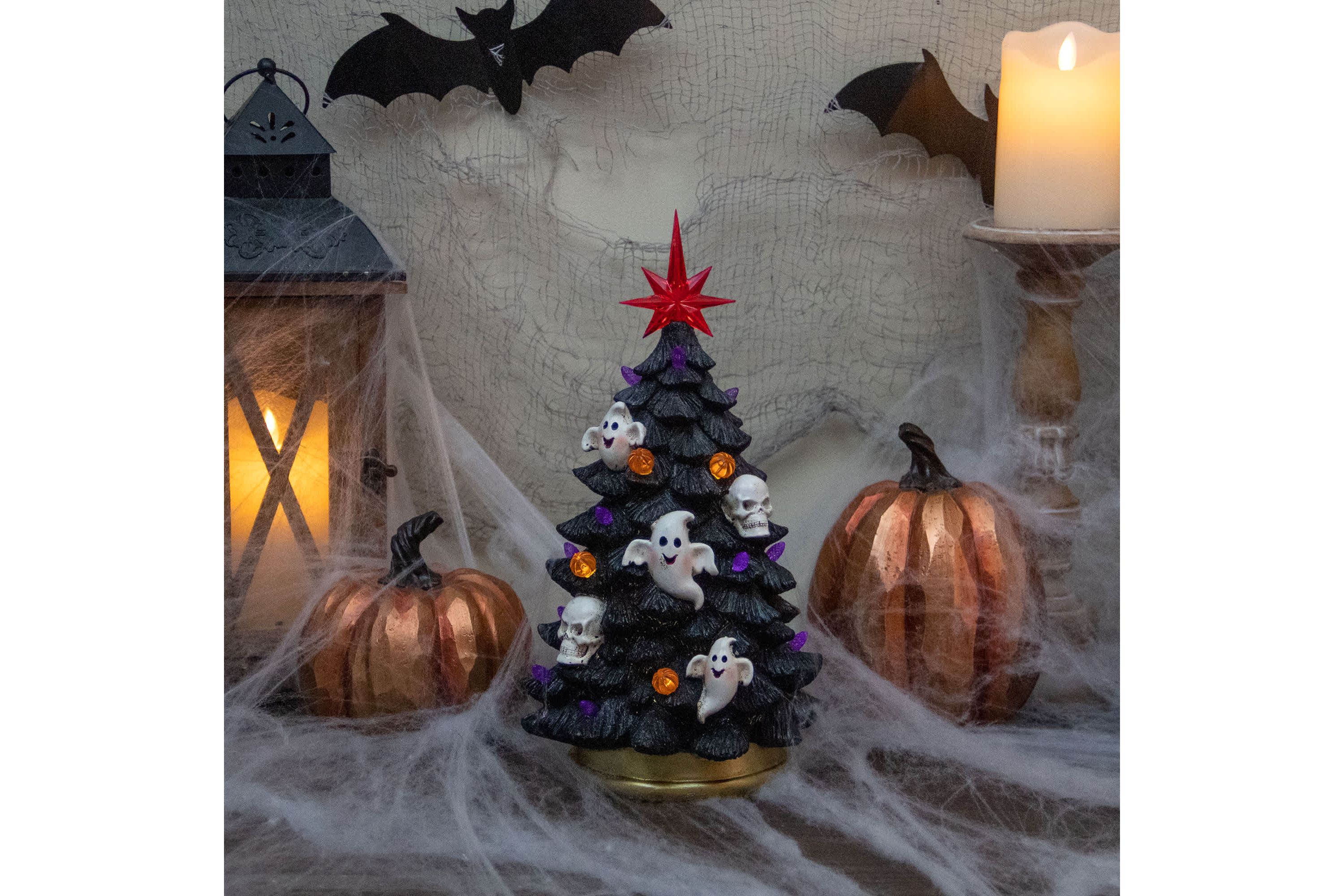 LED Lighted Skull and Ghost Halloween Tree - 12" - Black