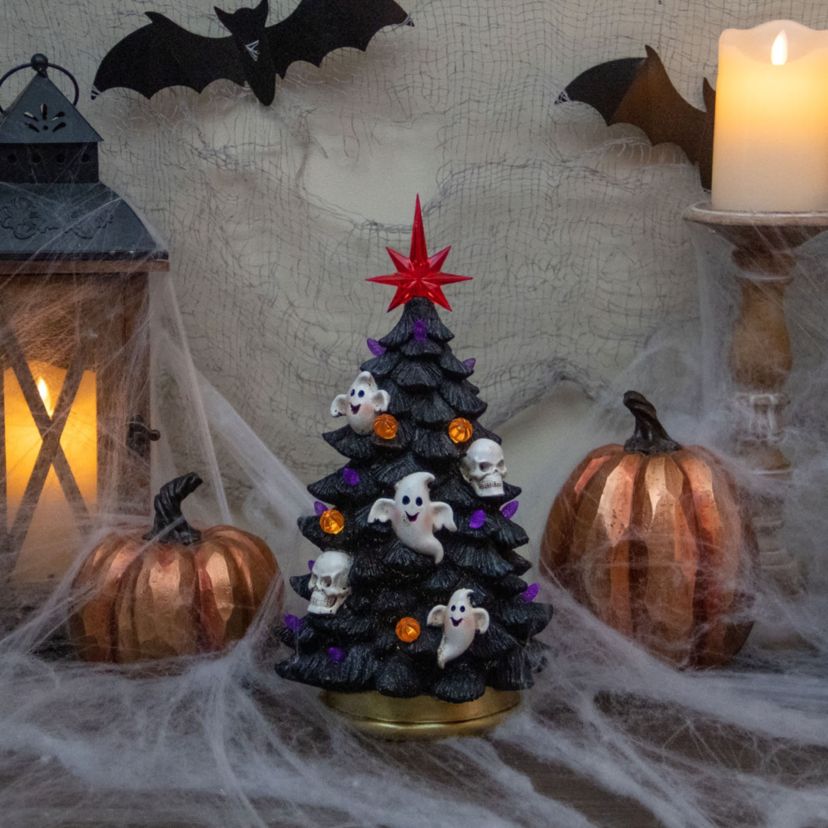 LED Lighted Skull and Ghost Halloween Tree - 12" - Black