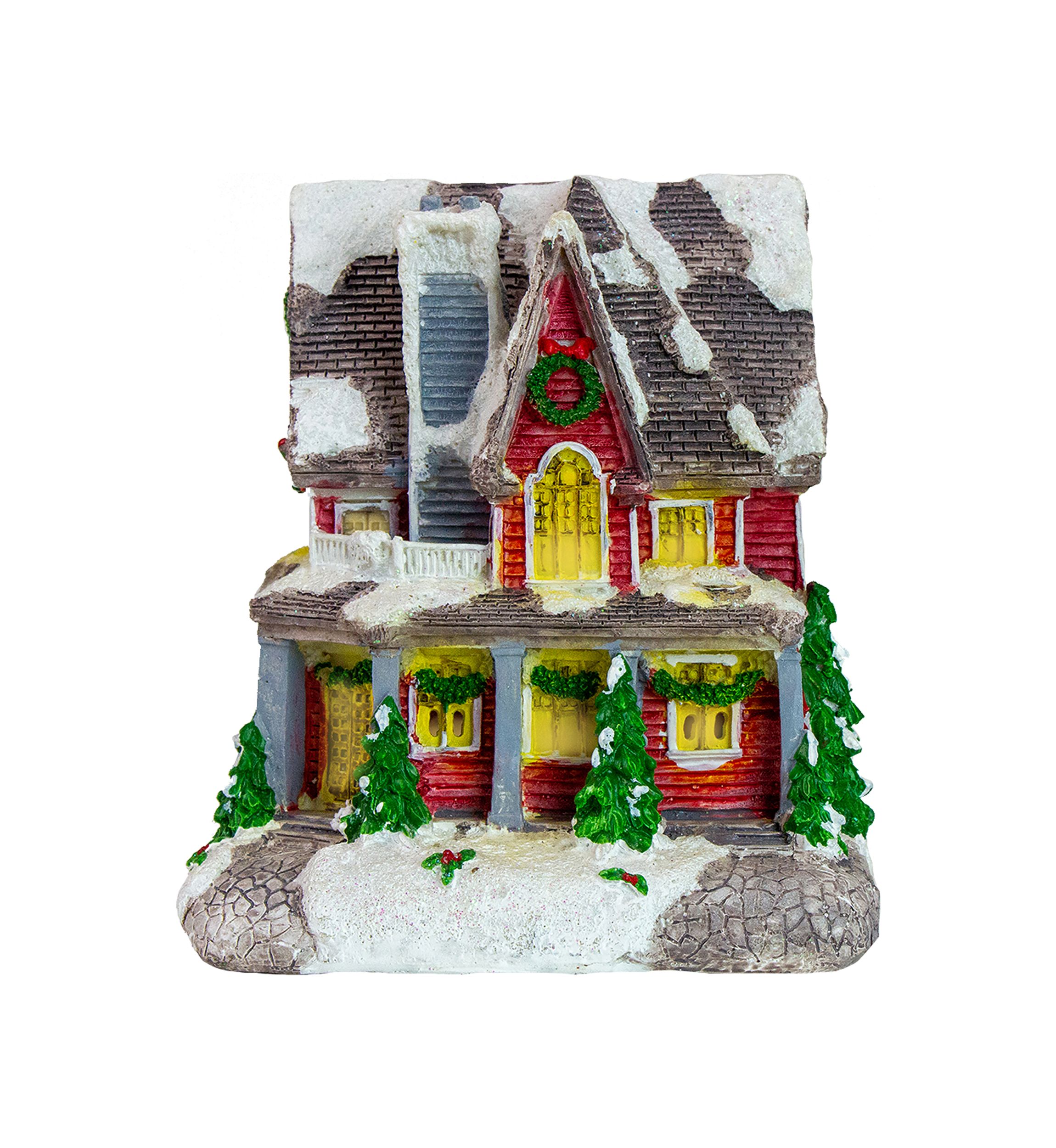 5Inch Red LED Lighted Snowy House Christmas Village Decoration