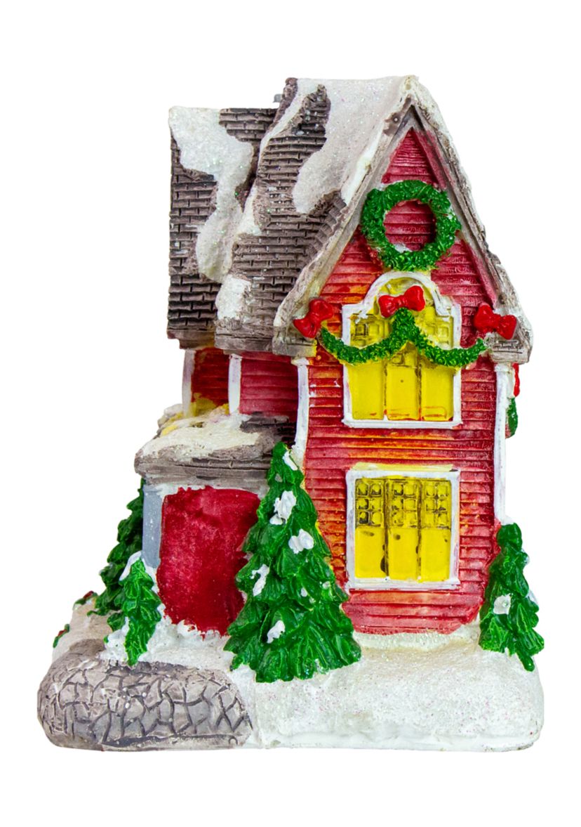 5Inch Red LED Lighted Snowy House Christmas Village Decoration