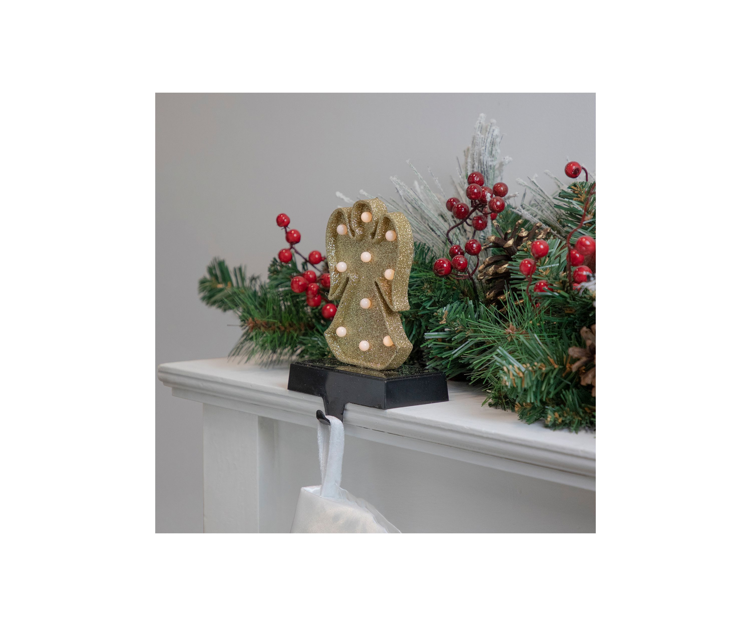 Gold Glittered LED Lighted Angel Christmas Stocking Holder 7Inch