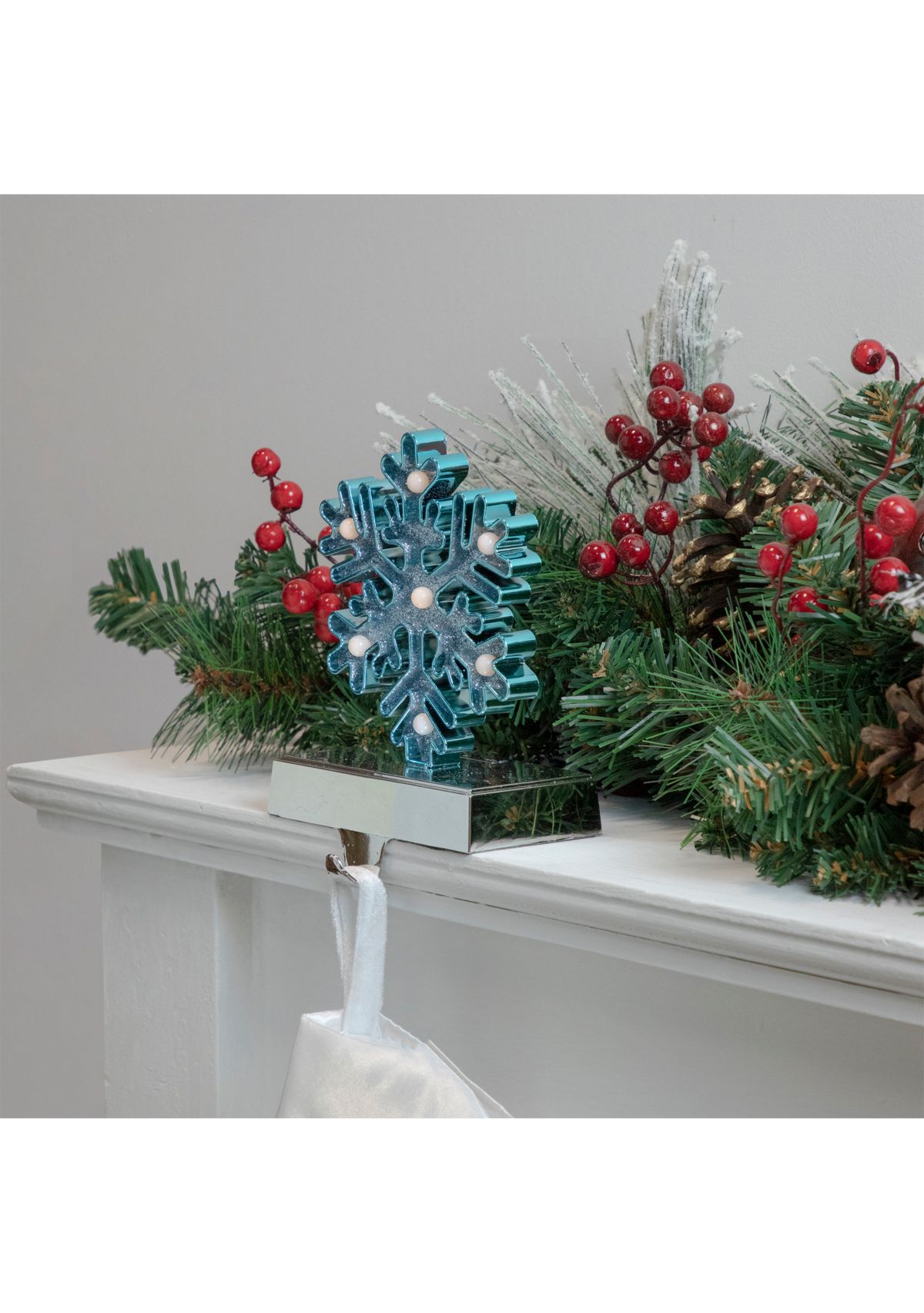 Blue and Silver LED Lighted Snowflake Christmas Stocking Holder 7Inch