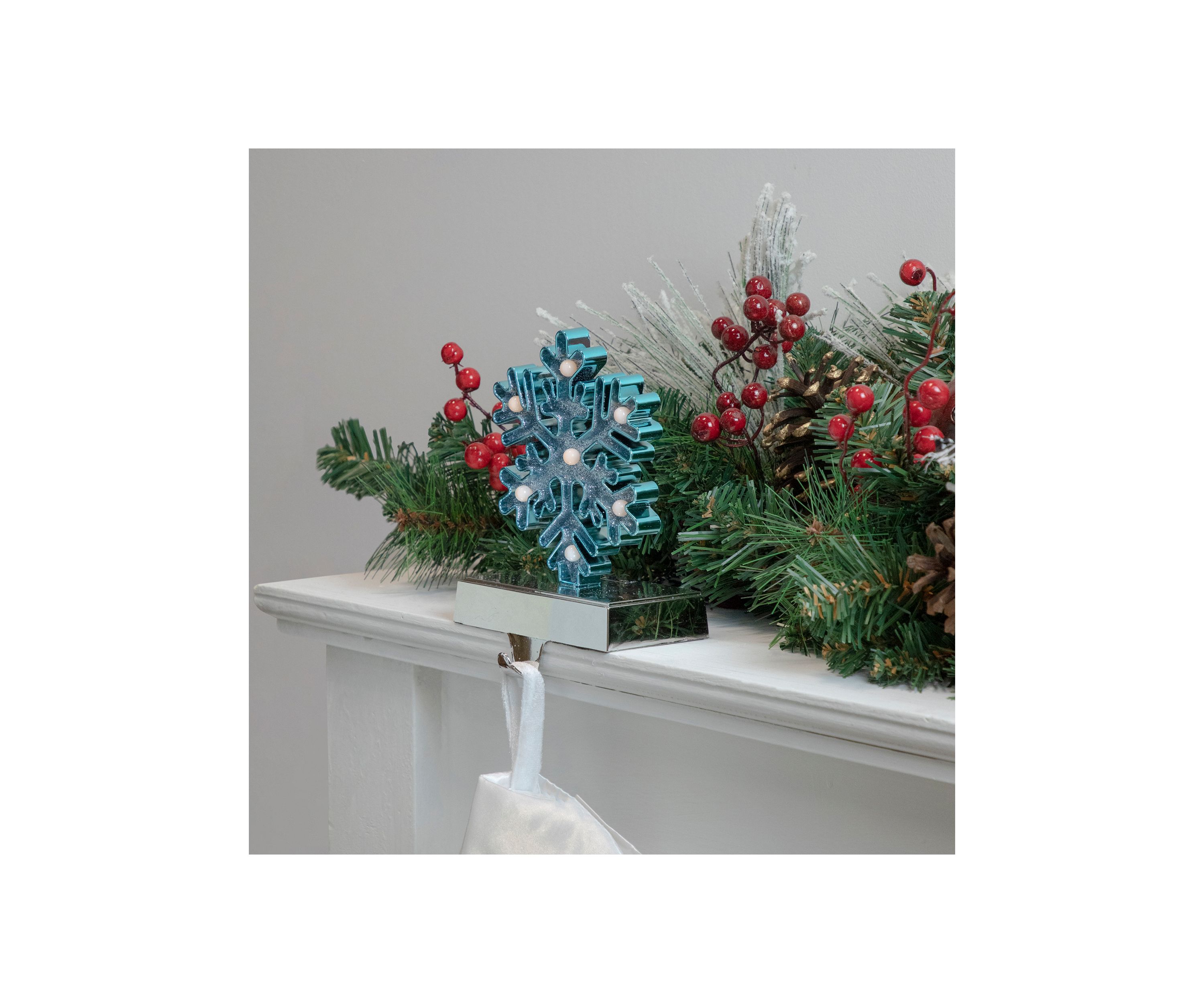 Blue and Silver LED Lighted Snowflake Christmas Stocking Holder 7Inch