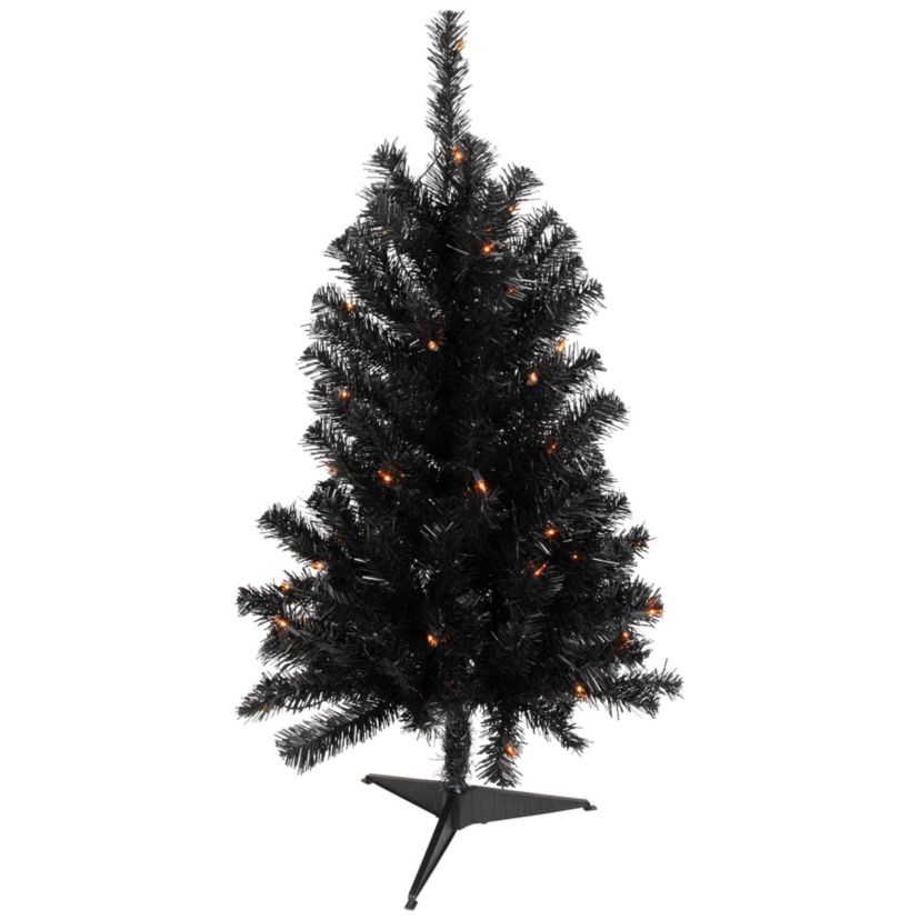 3 Pre-Lit Medium Black Noble Spruce Artificial Halloween Tree  Orange Lights