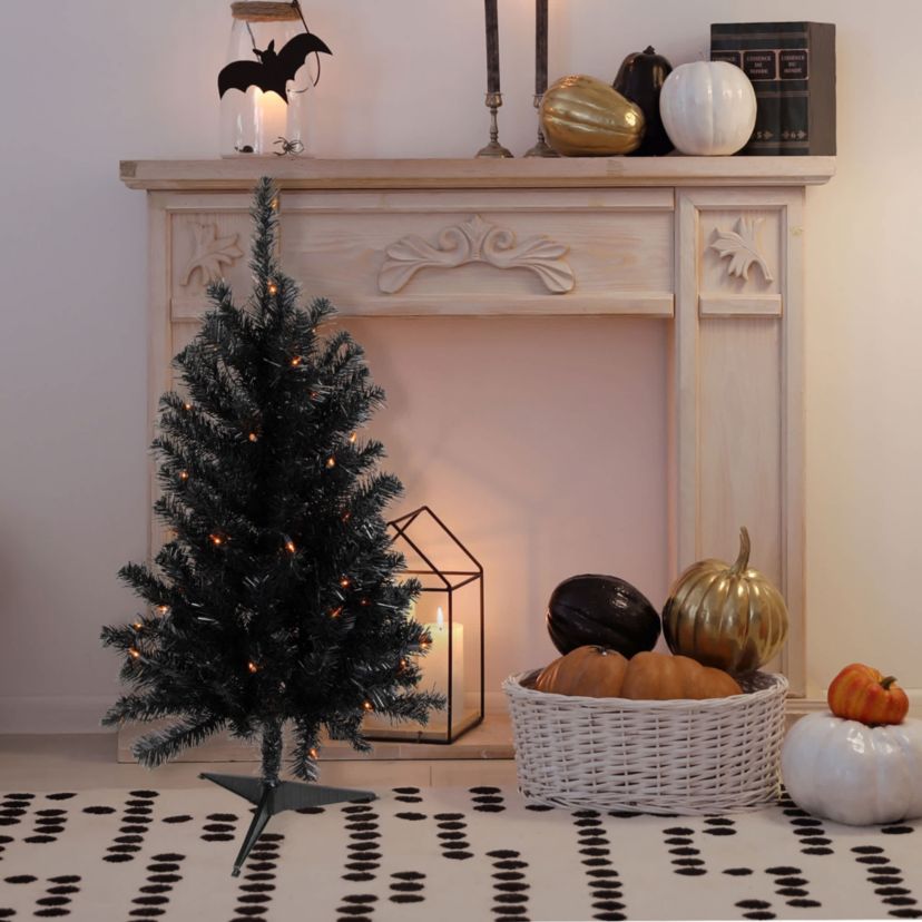 3 Pre-Lit Medium Black Noble Spruce Artificial Halloween Tree  Orange Lights