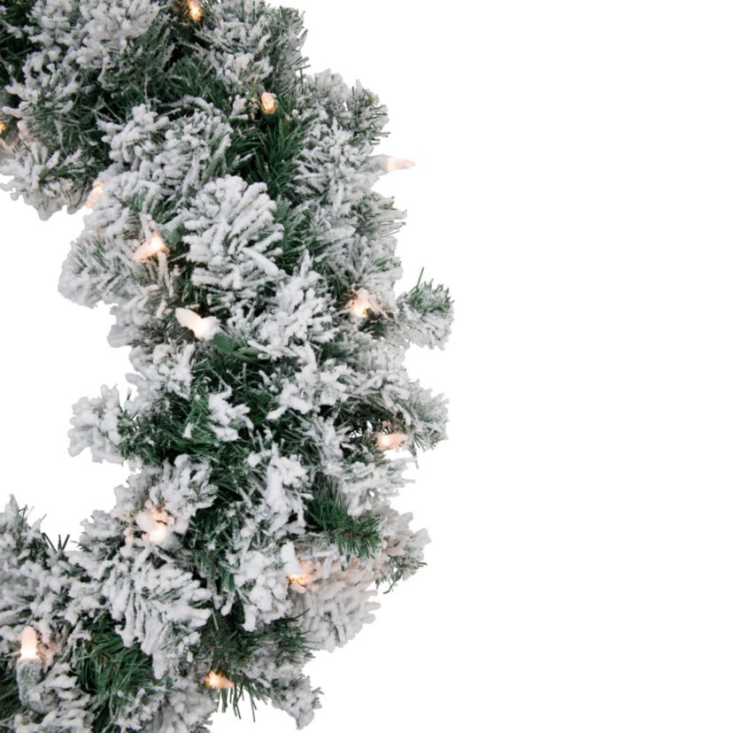 Pre-Lit Flocked Snow White Artificial Christmas Wreath 24-Inch Clear Lights