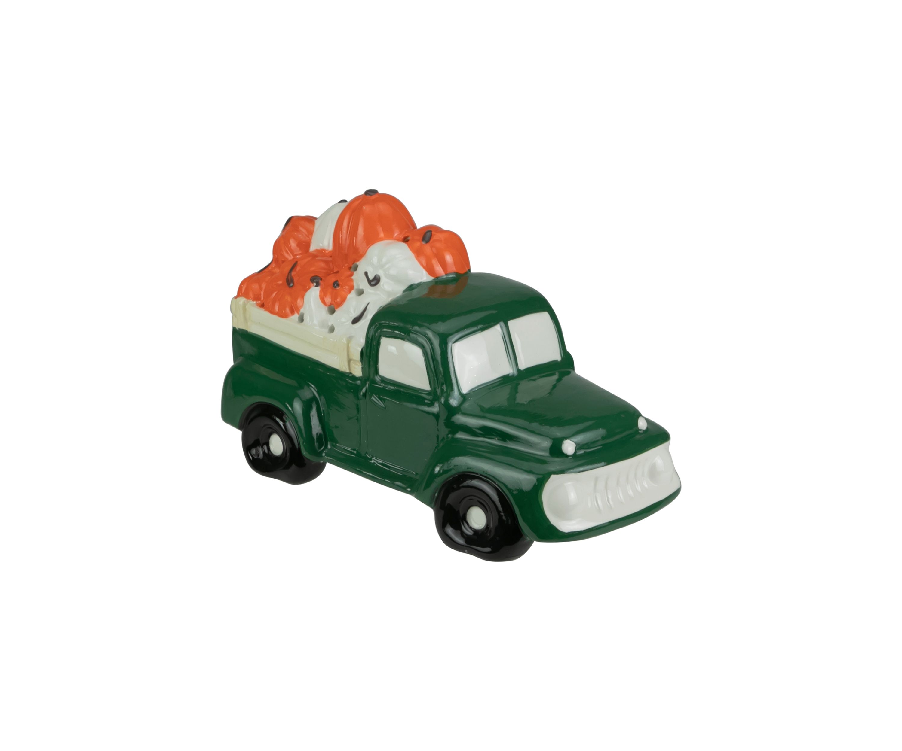9.5 inch LED Lighted Green Ceramic Truck Hauling Pumpkins Autumn Harvest Decoration