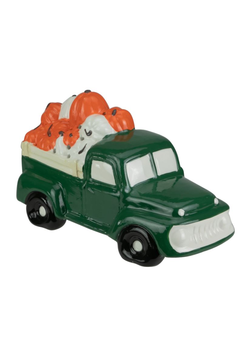 9.5 inch LED Lighted Green Ceramic Truck Hauling Pumpkins Autumn Harvest Decoration