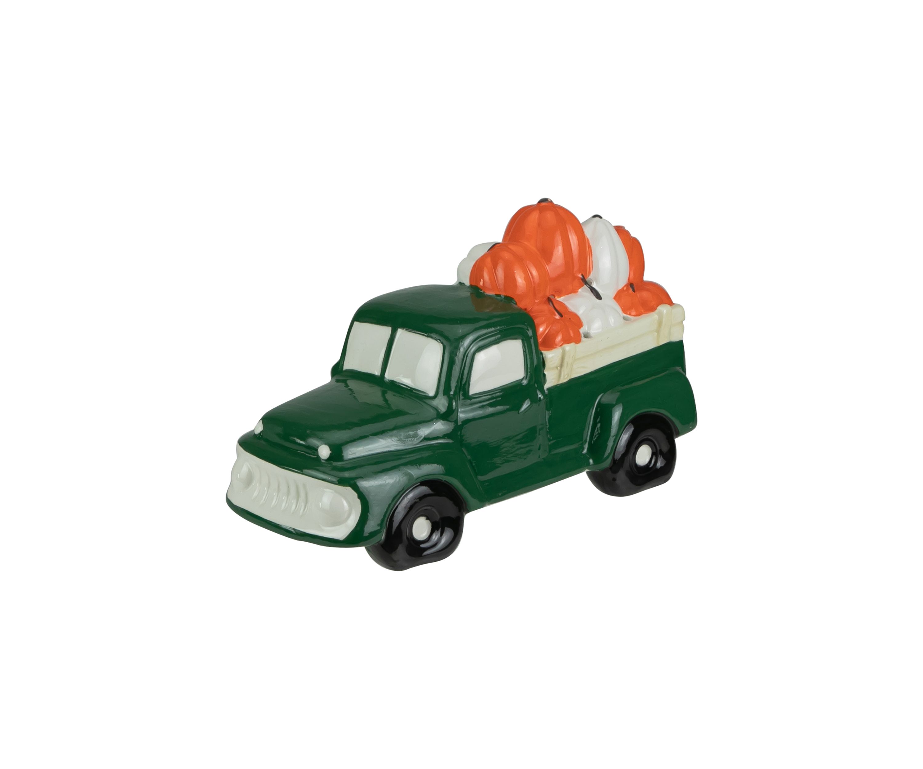 9.5 inch LED Lighted Green Ceramic Truck Hauling Pumpkins Autumn Harvest Decoration