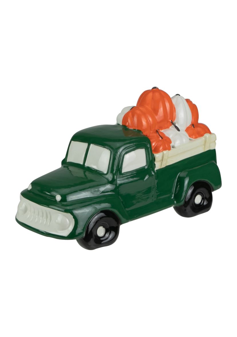 9.5 inch LED Lighted Green Ceramic Truck Hauling Pumpkins Autumn Harvest Decoration