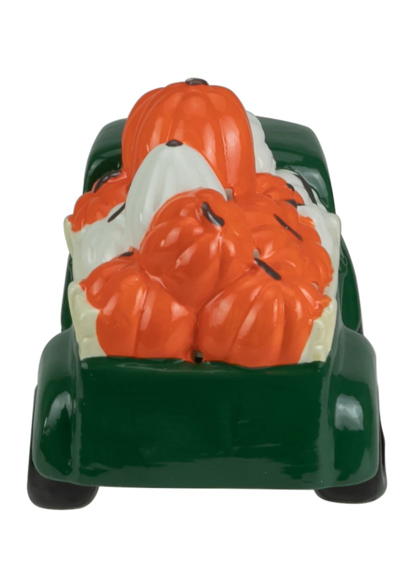 9.5 inch LED Lighted Green Ceramic Truck Hauling Pumpkins Autumn Harvest Decoration