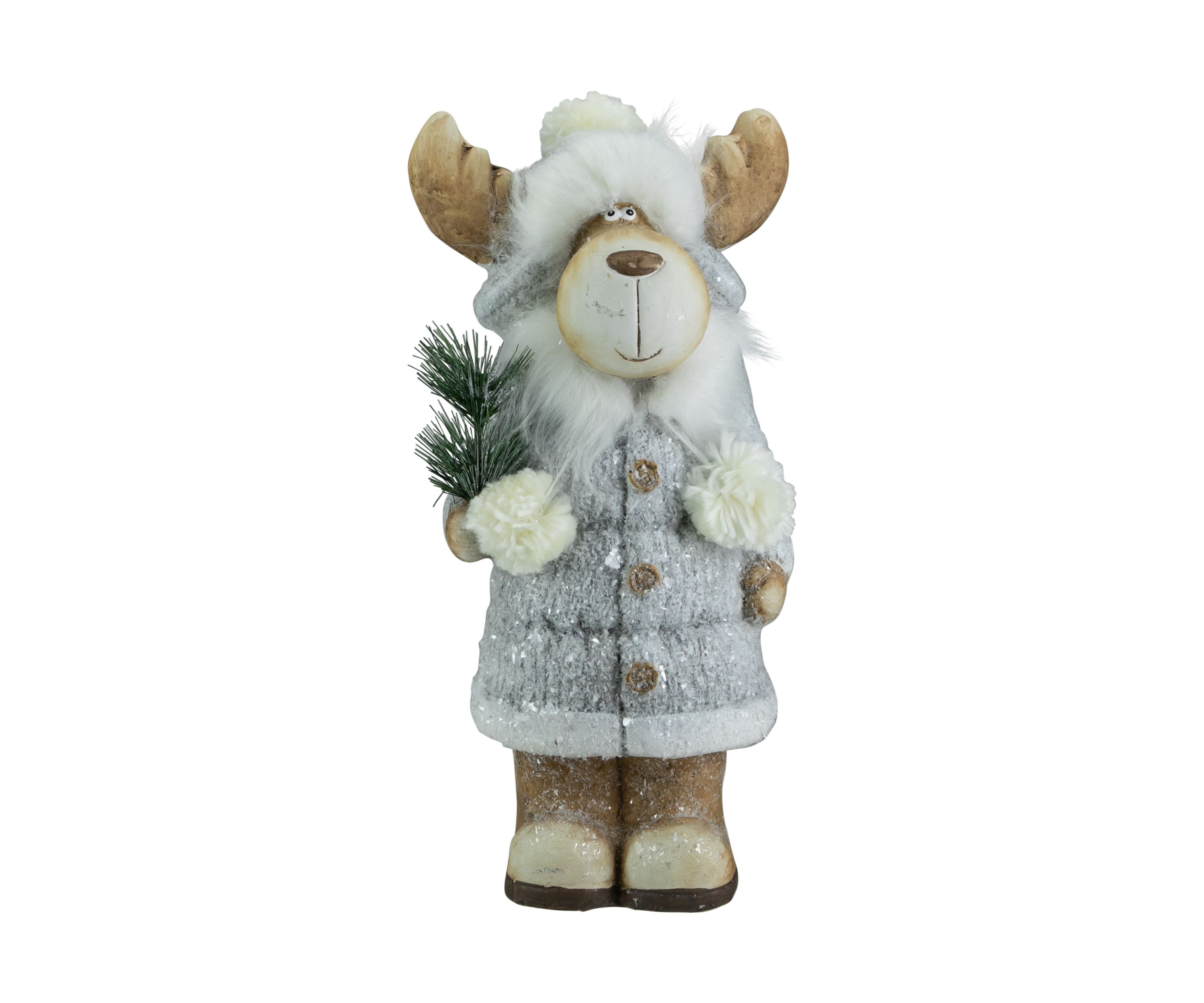 18Inch Ceramic Moose in Gray Coat Holding Pine Sprig Christmas Figure