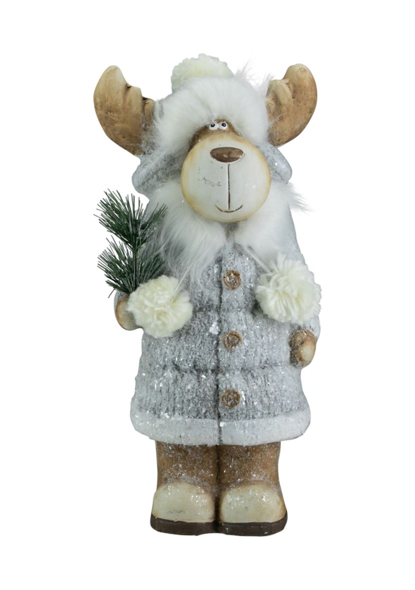 18Inch Ceramic Moose in Gray Coat Holding Pine Sprig Christmas Figure