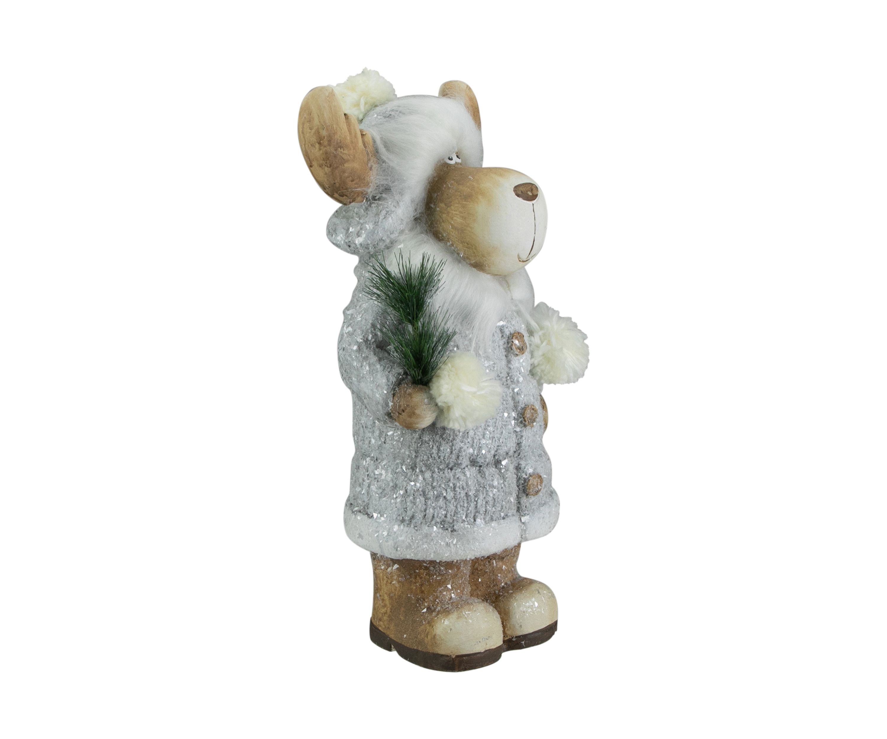 18Inch Ceramic Moose in Gray Coat Holding Pine Sprig Christmas Figure