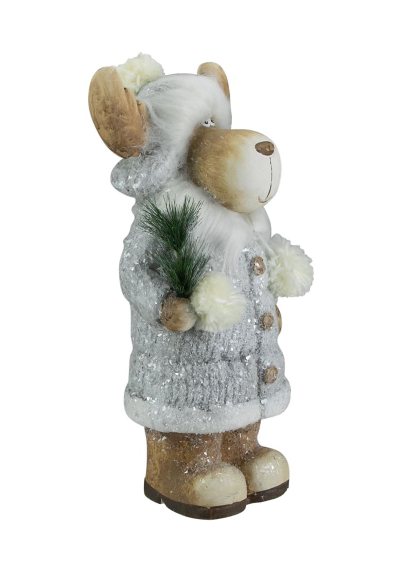 18Inch Ceramic Moose in Gray Coat Holding Pine Sprig Christmas Figure