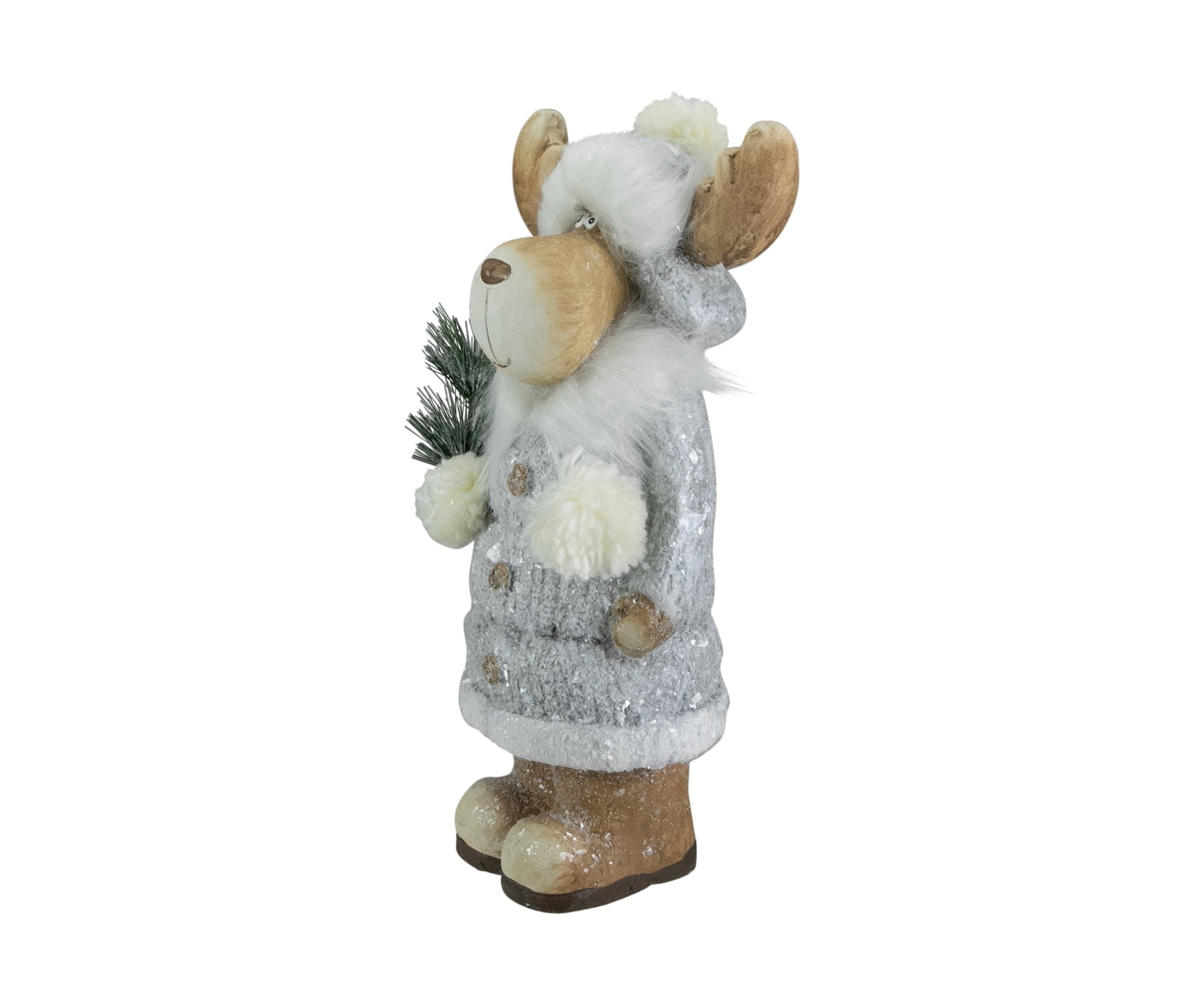 18Inch Ceramic Moose in Gray Coat Holding Pine Sprig Christmas Figure