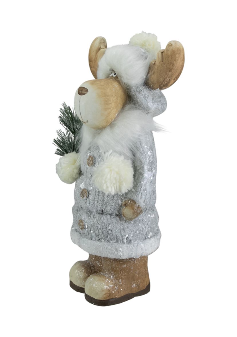 18Inch Ceramic Moose in Gray Coat Holding Pine Sprig Christmas Figure