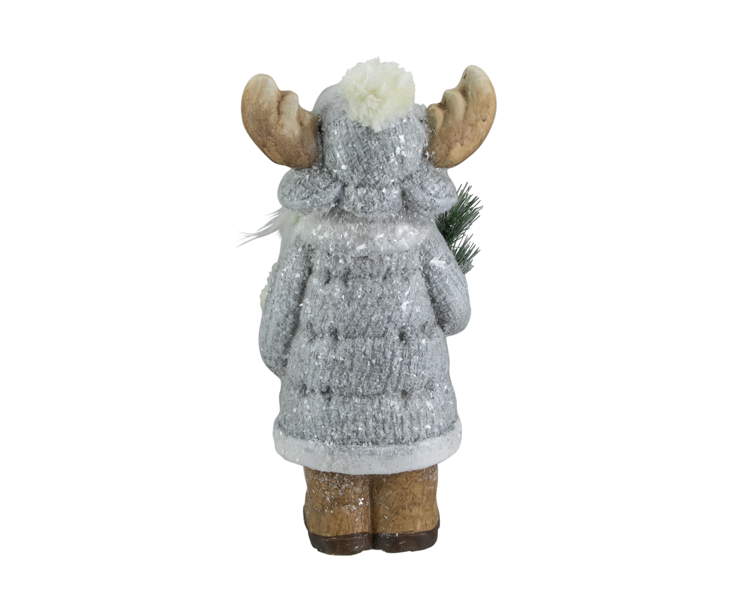 18Inch Ceramic Moose in Gray Coat Holding Pine Sprig Christmas Figure