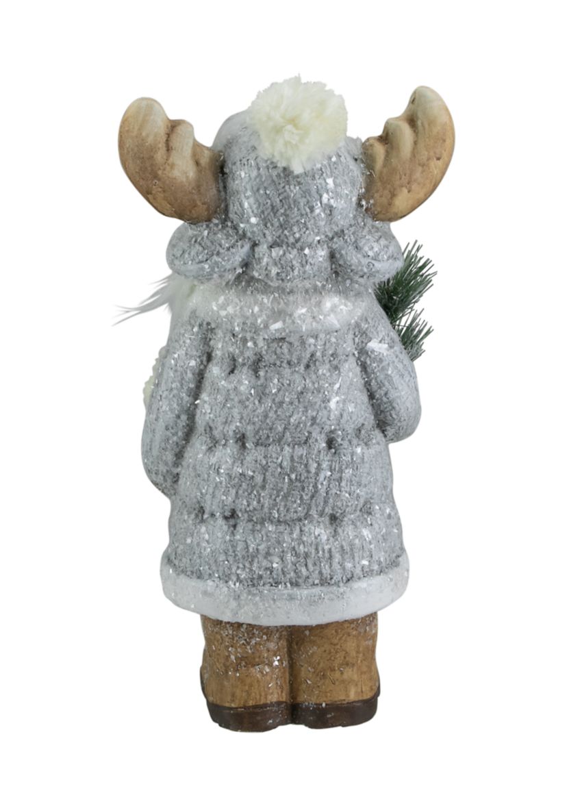 18Inch Ceramic Moose in Gray Coat Holding Pine Sprig Christmas Figure