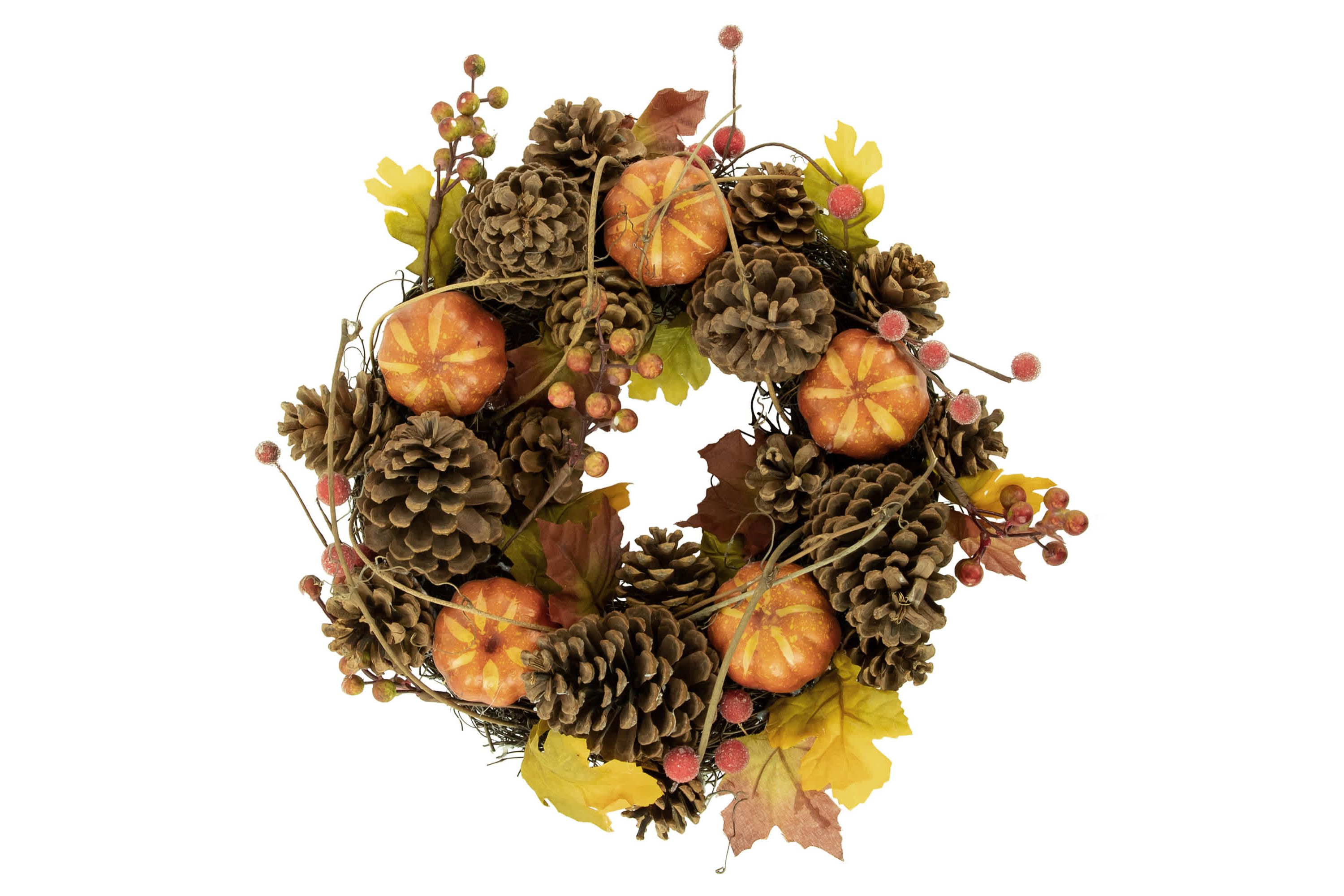 Pinecone and Pumpkin Fall Harvest Wreath  14-Inch  Unlit