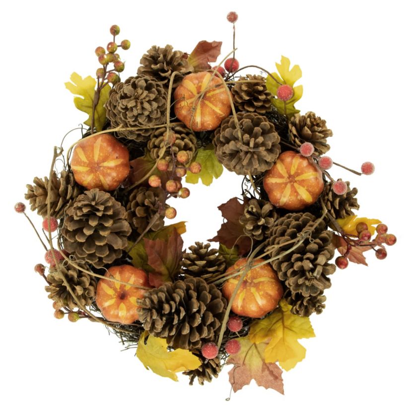 Pinecone and Pumpkin Fall Harvest Wreath  14-Inch  Unlit