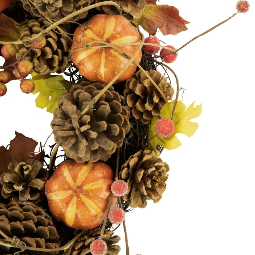Pinecone and Pumpkin Fall Harvest Wreath  14-Inch  Unlit