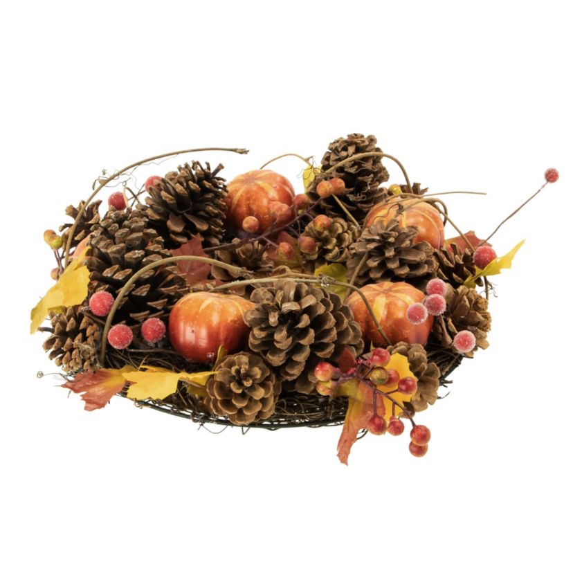 Pinecone and Pumpkin Fall Harvest Wreath  14-Inch  Unlit