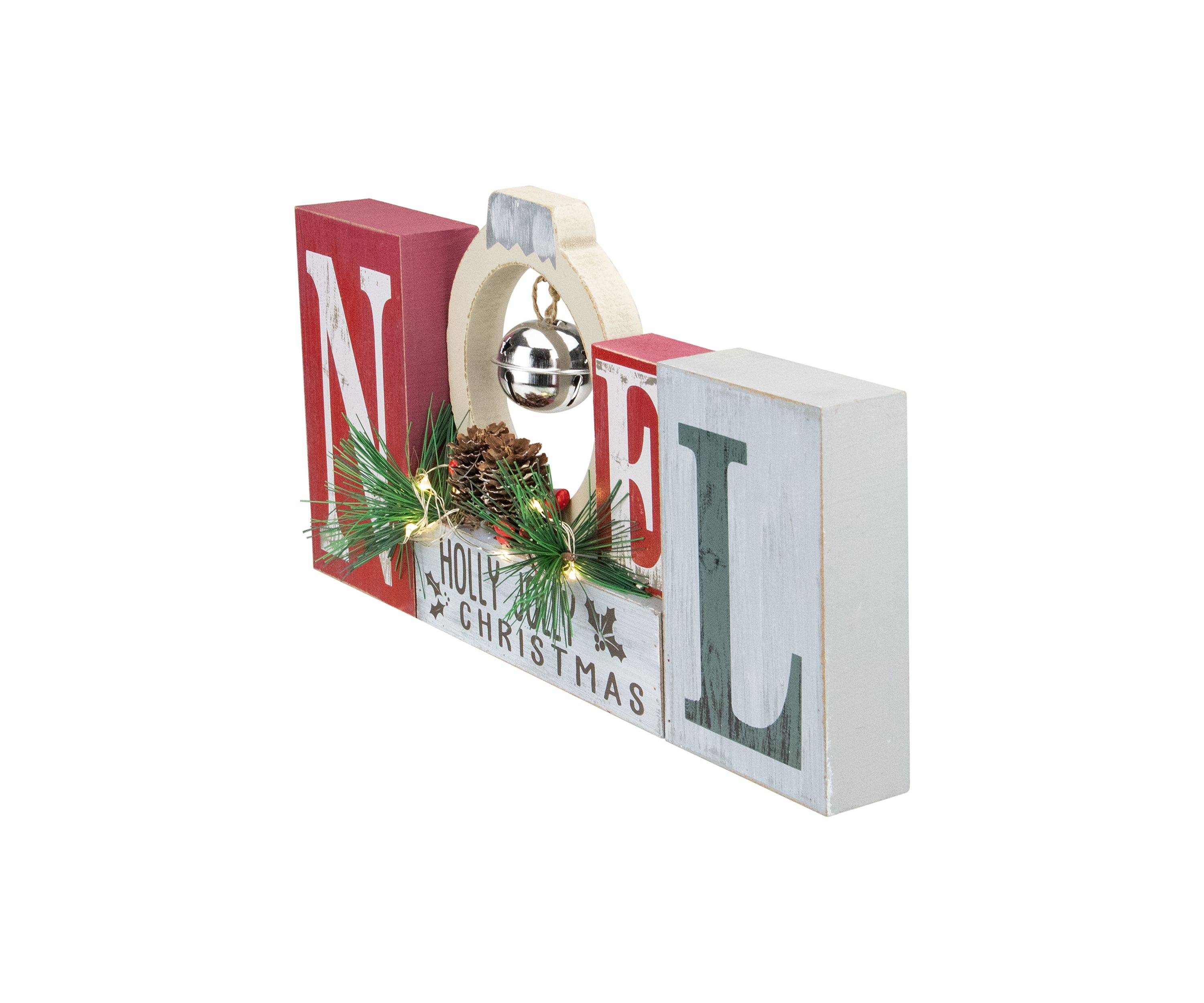 13Inch LED Lighted Noel Holly Jolly Christmas Sign with Jingle Bell