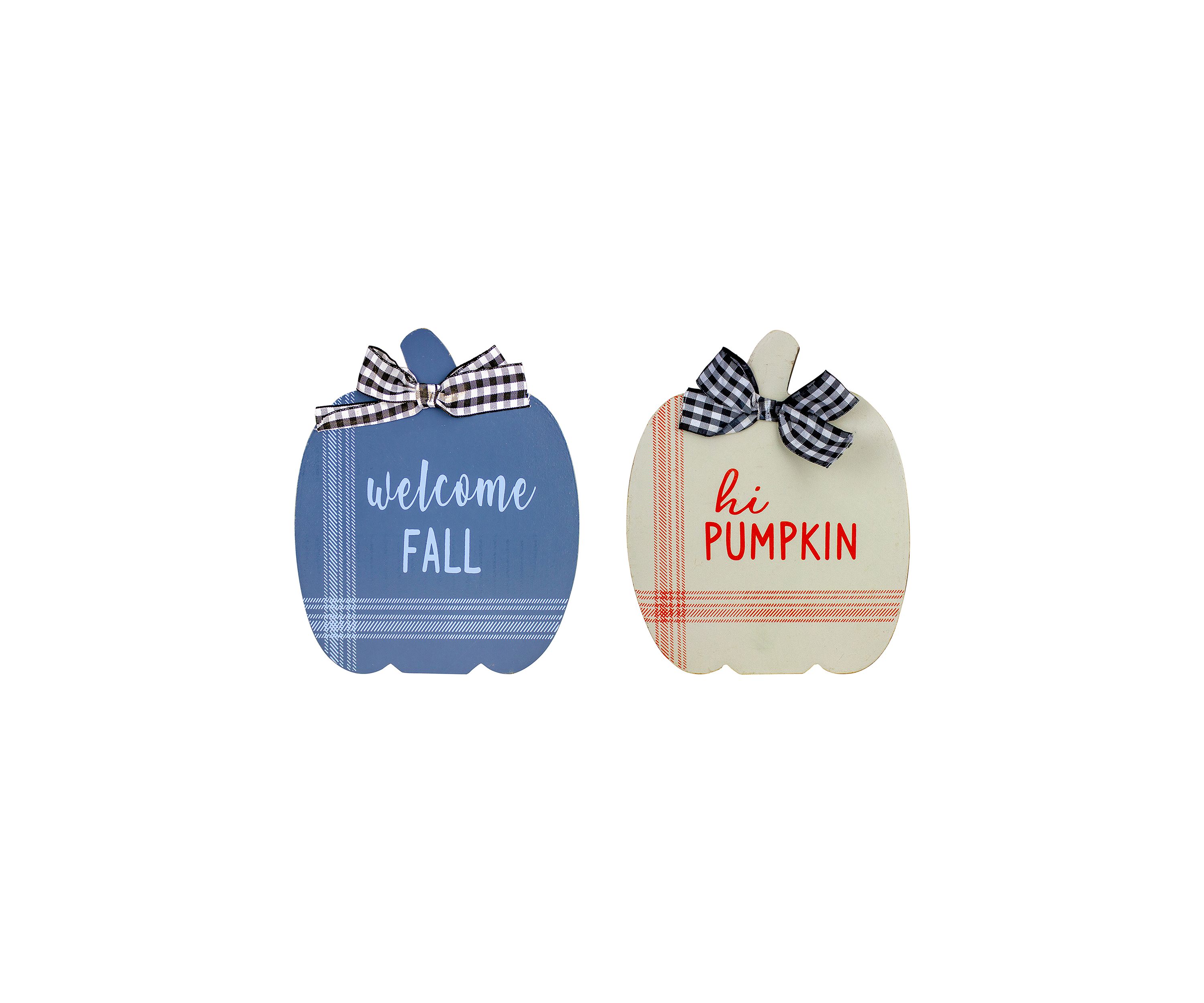 Set of 2 Blue and Beige Fall Harvest Wooden Pumpkin Welcome Plaques 8 inch