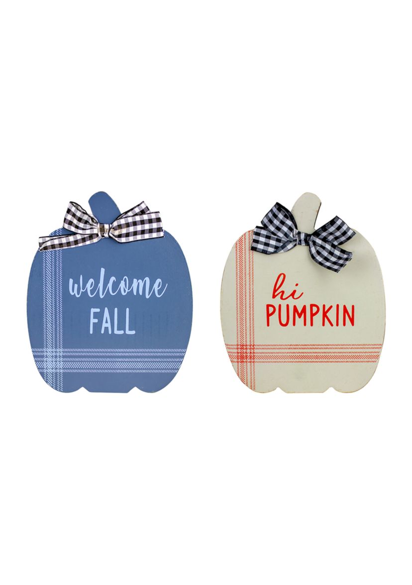 Set of 2 Blue and Beige Fall Harvest Wooden Pumpkin Welcome Plaques 8 inch