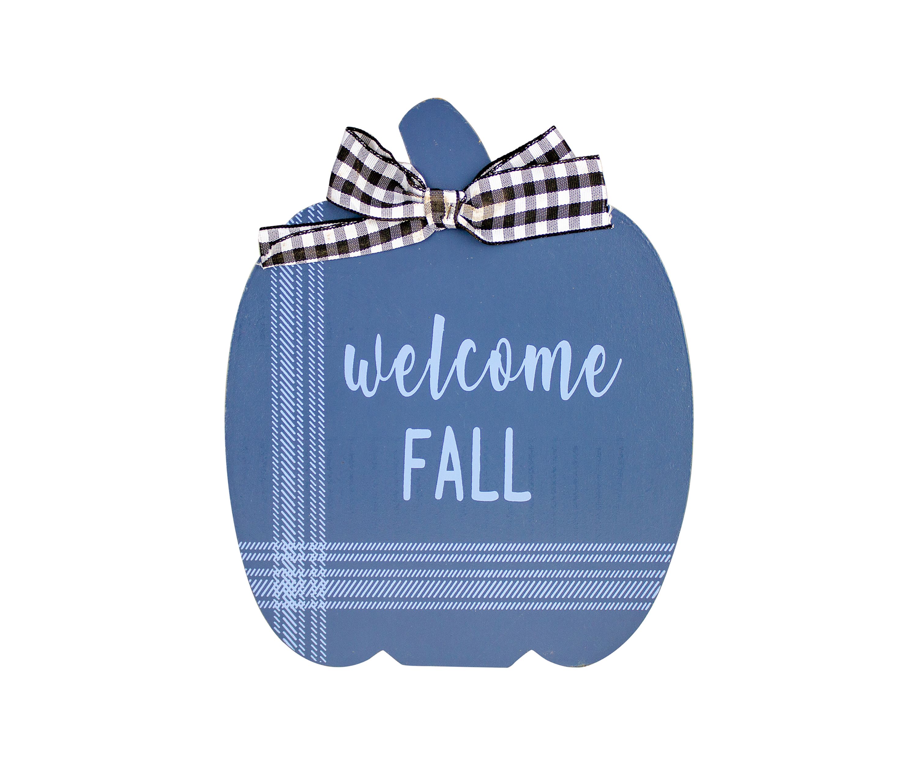 Set of 2 Blue and Beige Fall Harvest Wooden Pumpkin Welcome Plaques 8 inch