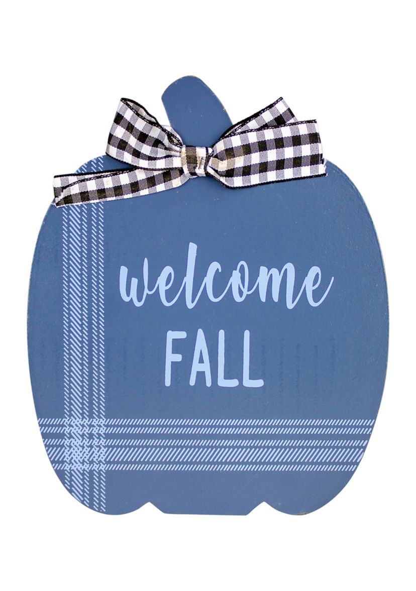 Set of 2 Blue and Beige Fall Harvest Wooden Pumpkin Welcome Plaques 8 inch
