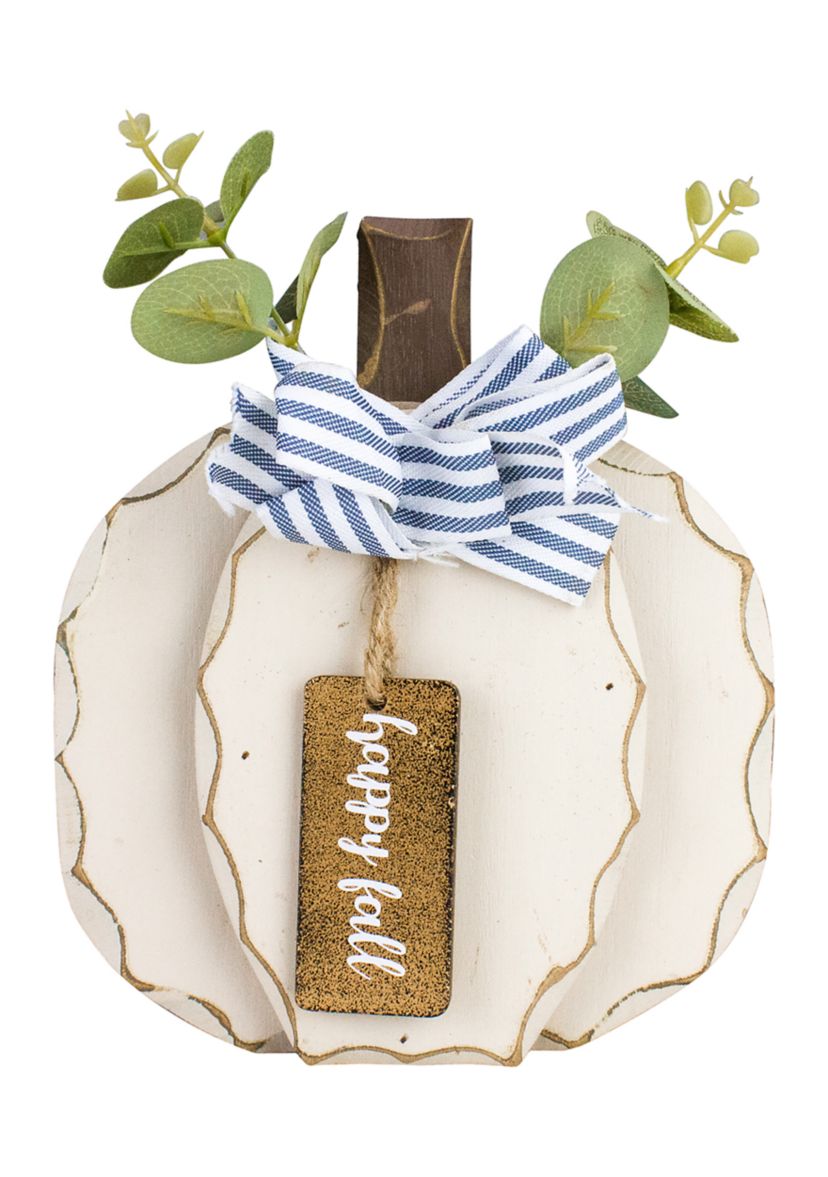 9 inch Beige Happy Fall Wooden Pumpkin Fall Harvest Decoration