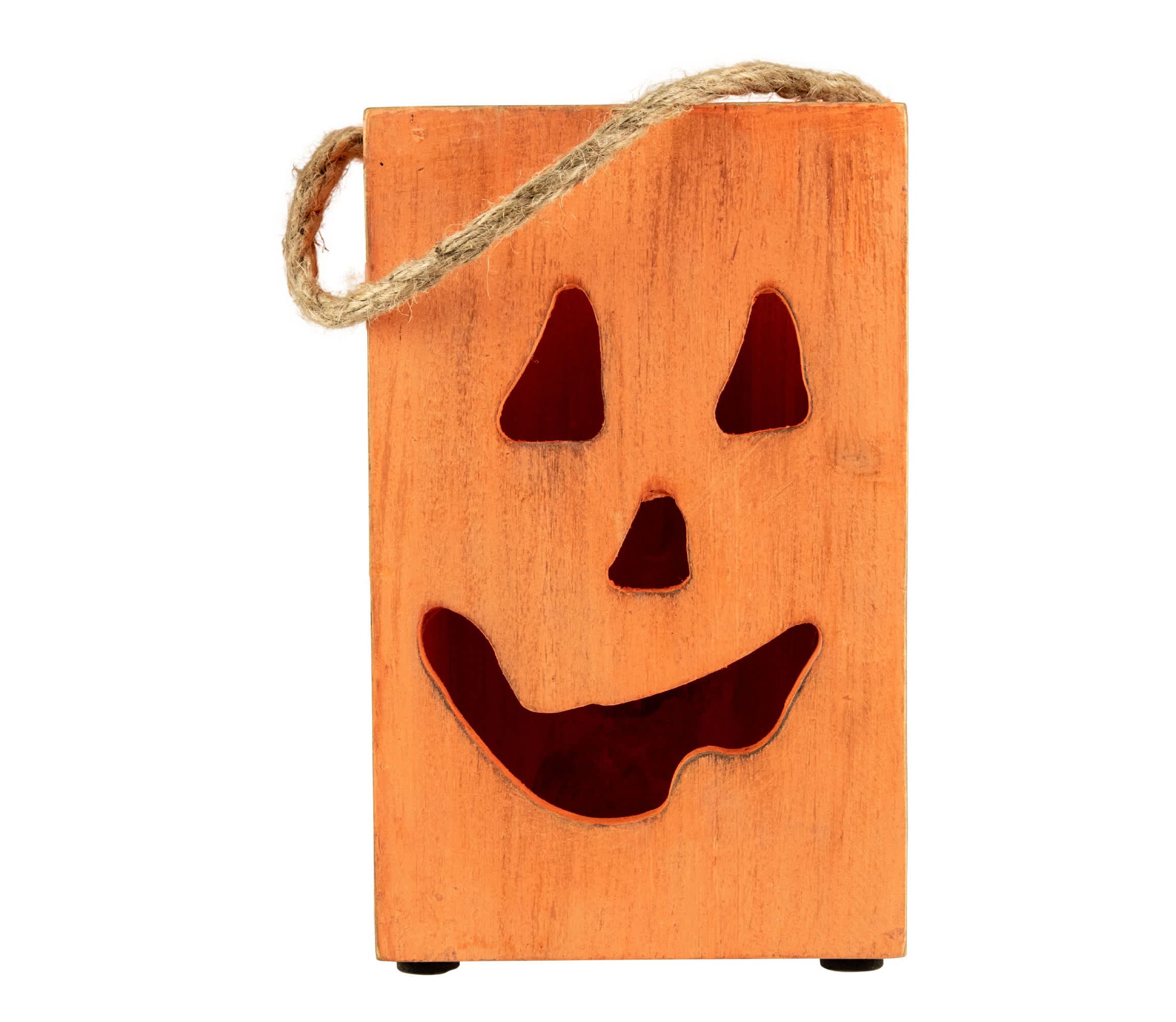 8" Large Orange Wood Jack O Lantern Halloween Candle Lantern