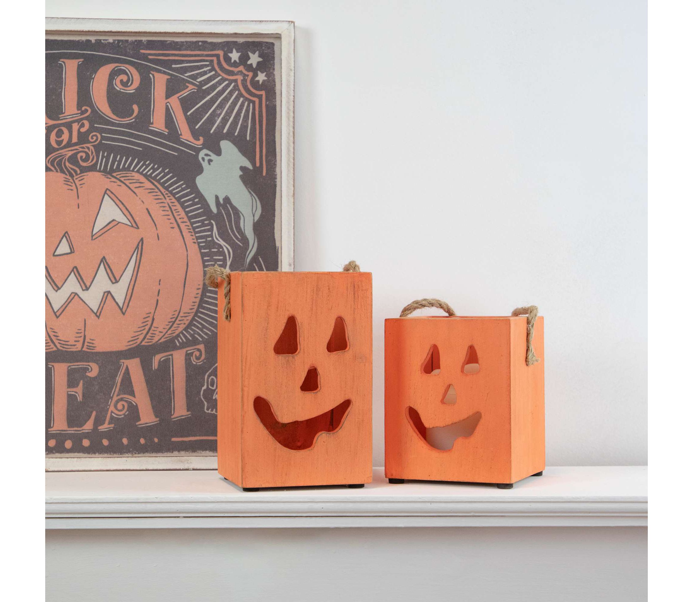 8" Large Orange Wood Jack O Lantern Halloween Candle Lantern