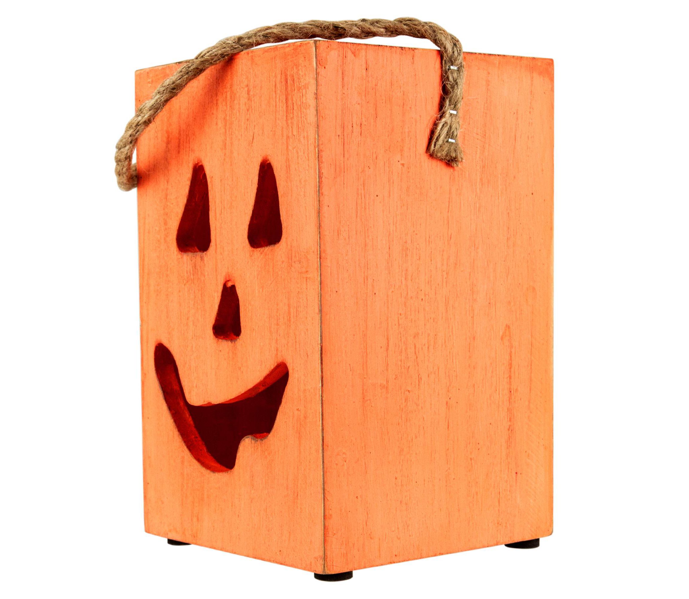8" Large Orange Wood Jack O Lantern Halloween Candle Lantern