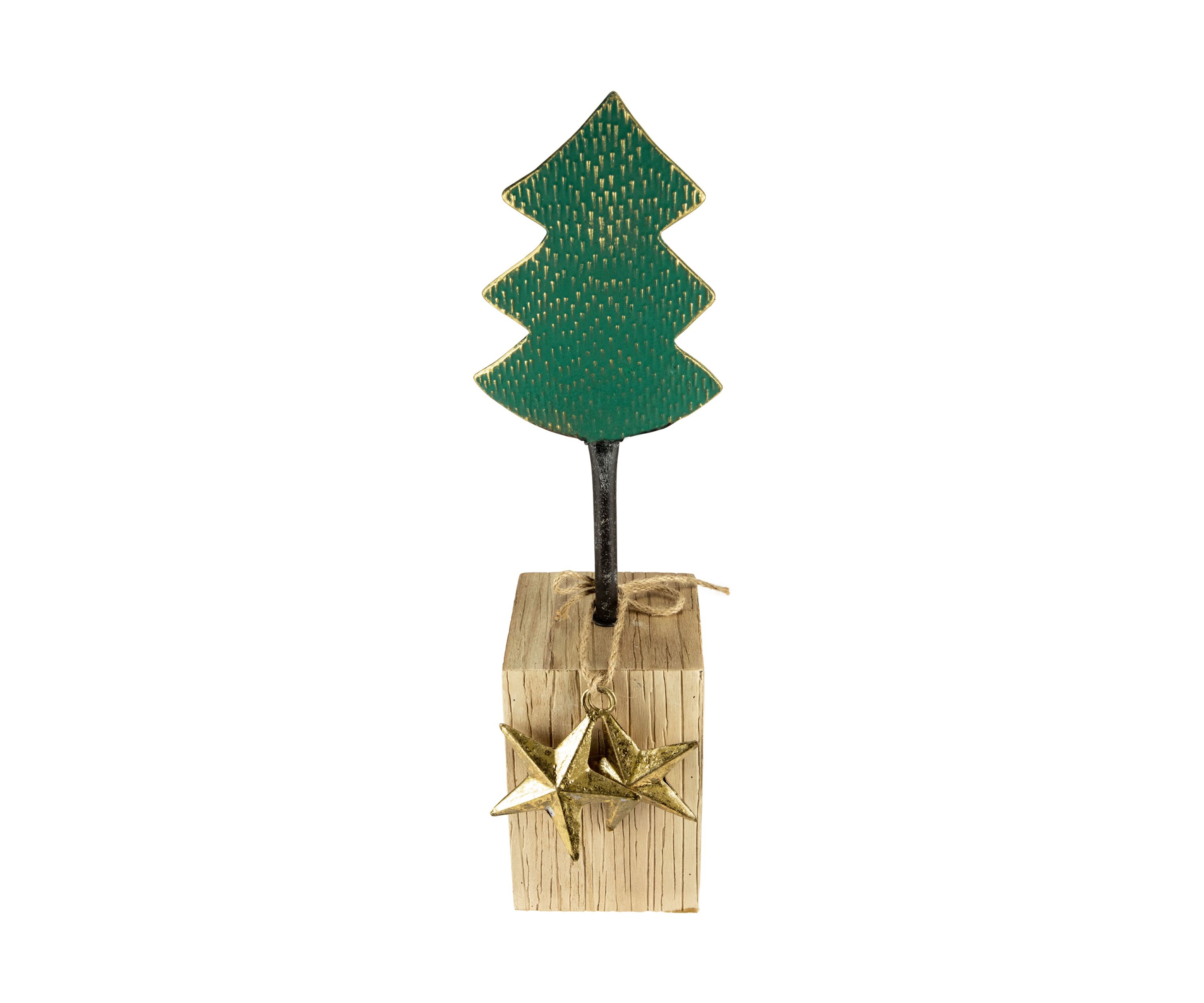16.75Inch Green Metal Tree in Chunky Wood Base Christmas Decor