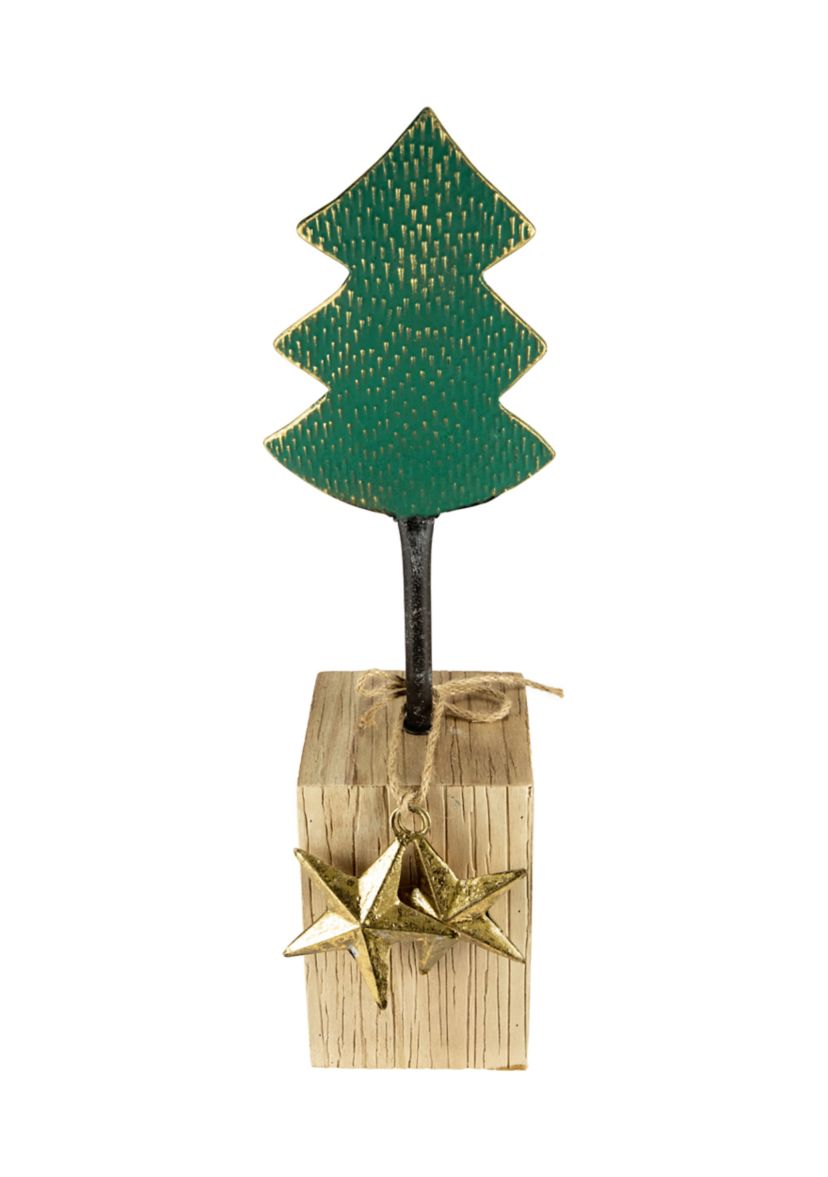16.75Inch Green Metal Tree in Chunky Wood Base Christmas Decor