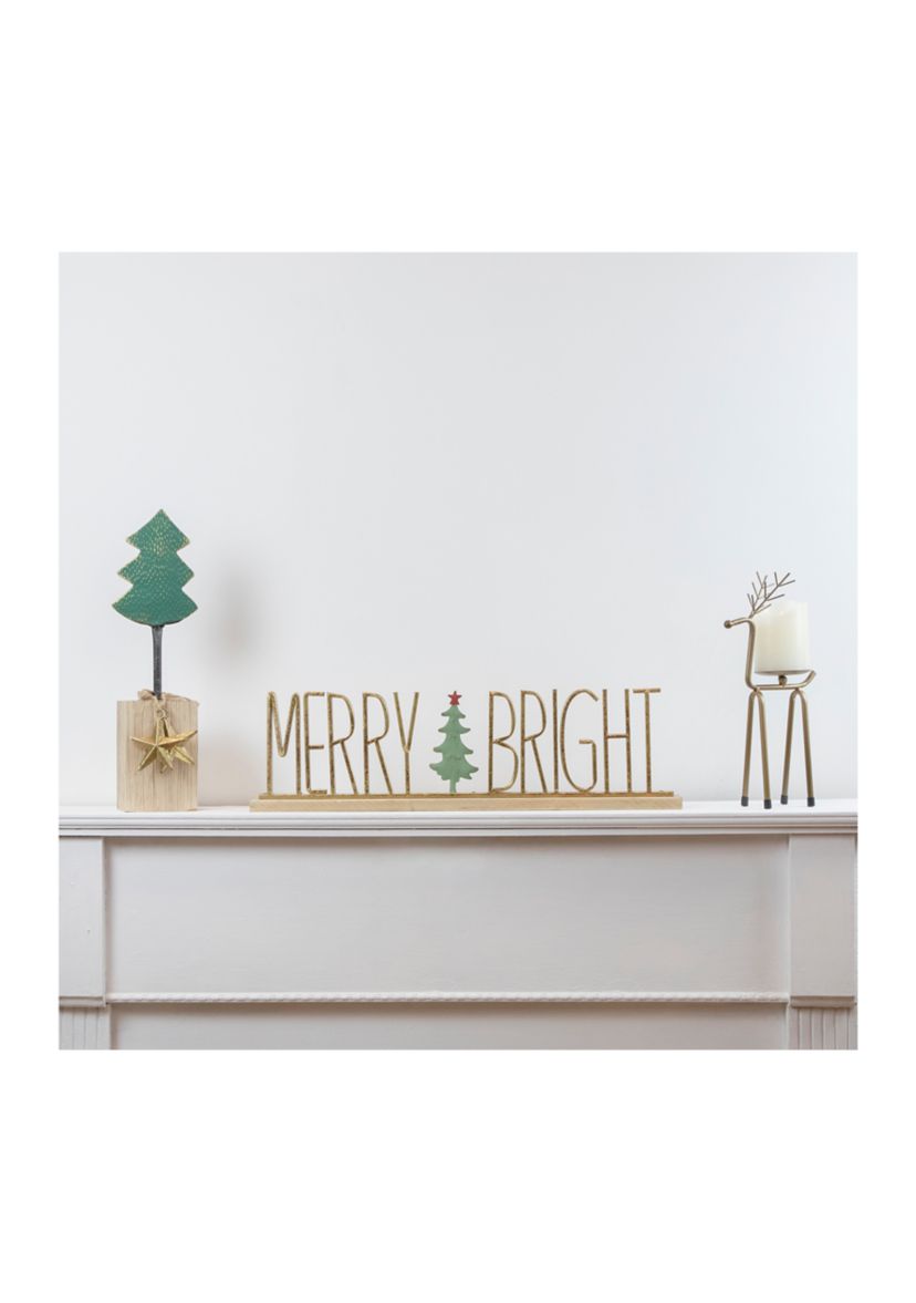 16.75Inch Green Metal Tree in Chunky Wood Base Christmas Decor