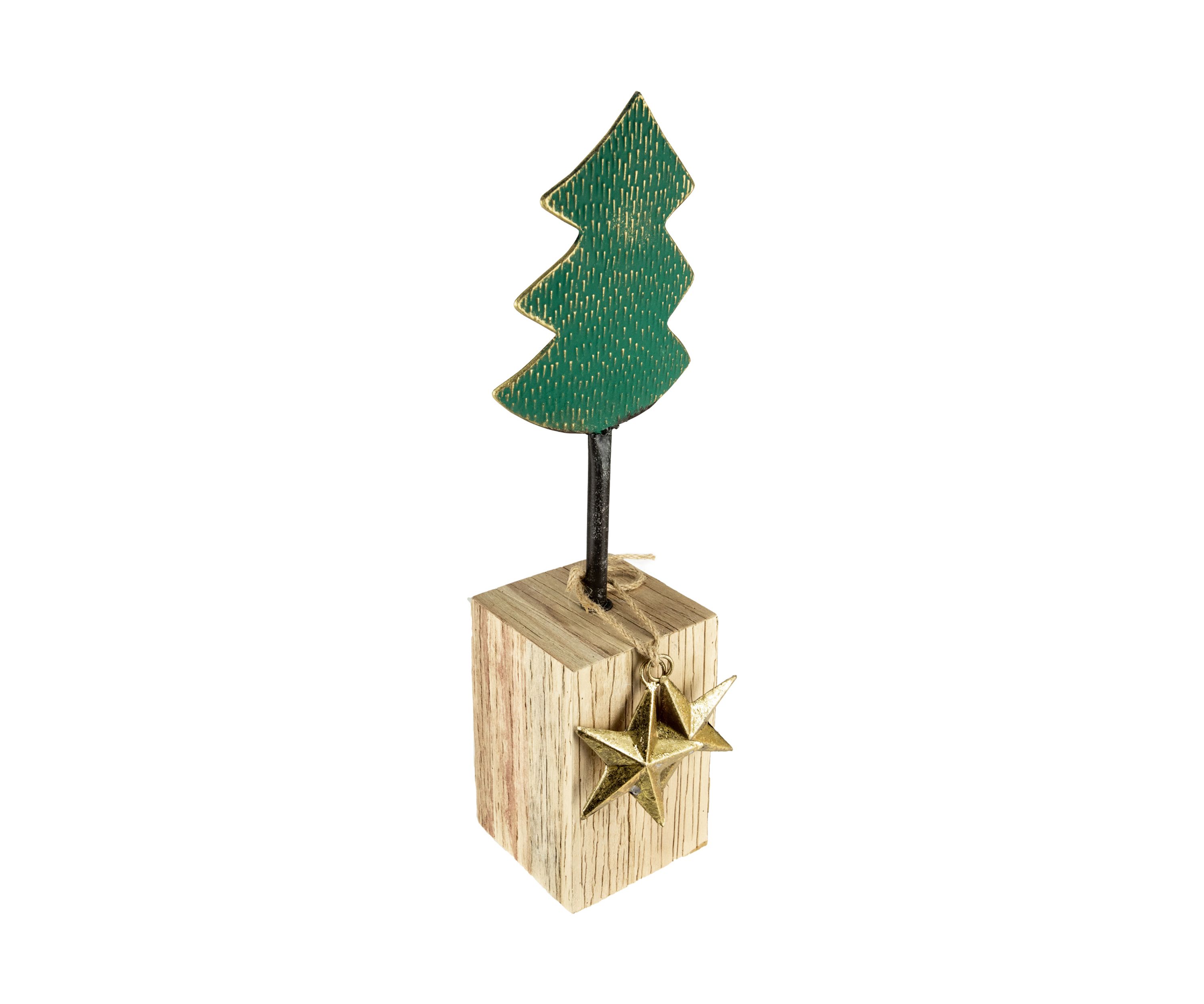 16.75Inch Green Metal Tree in Chunky Wood Base Christmas Decor