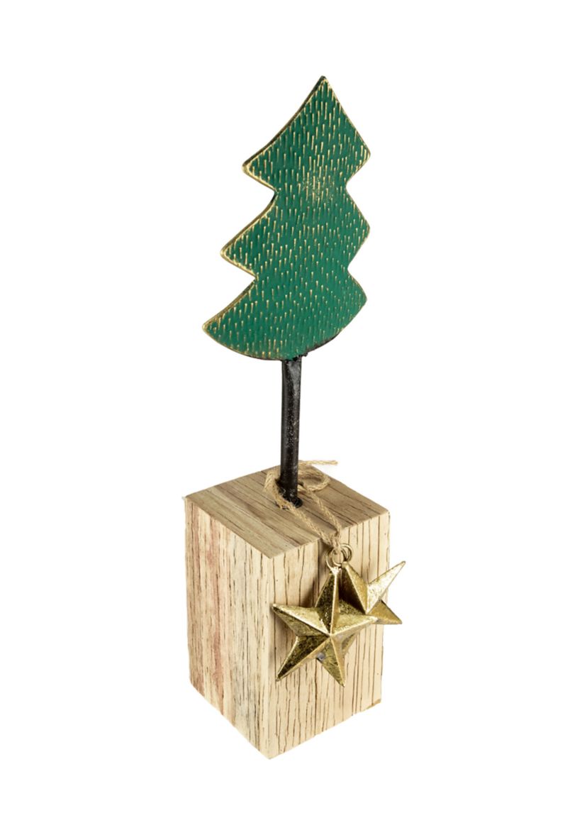 16.75Inch Green Metal Tree in Chunky Wood Base Christmas Decor