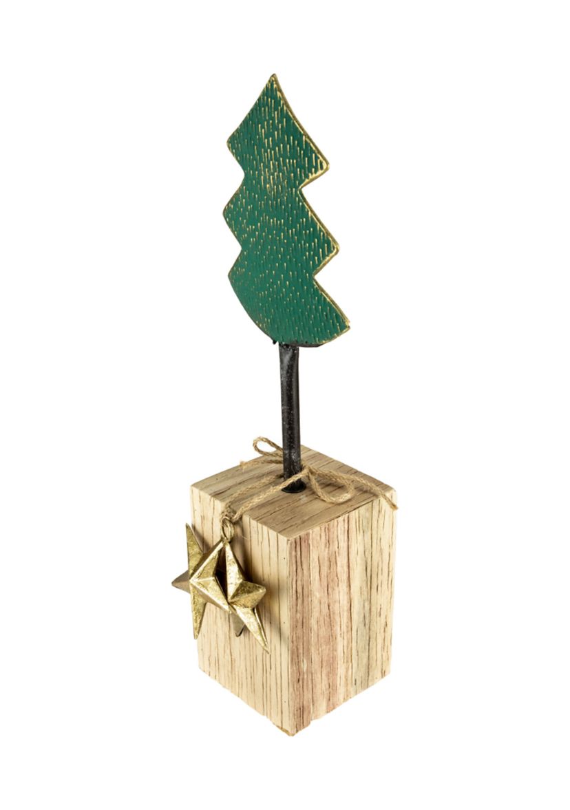16.75Inch Green Metal Tree in Chunky Wood Base Christmas Decor