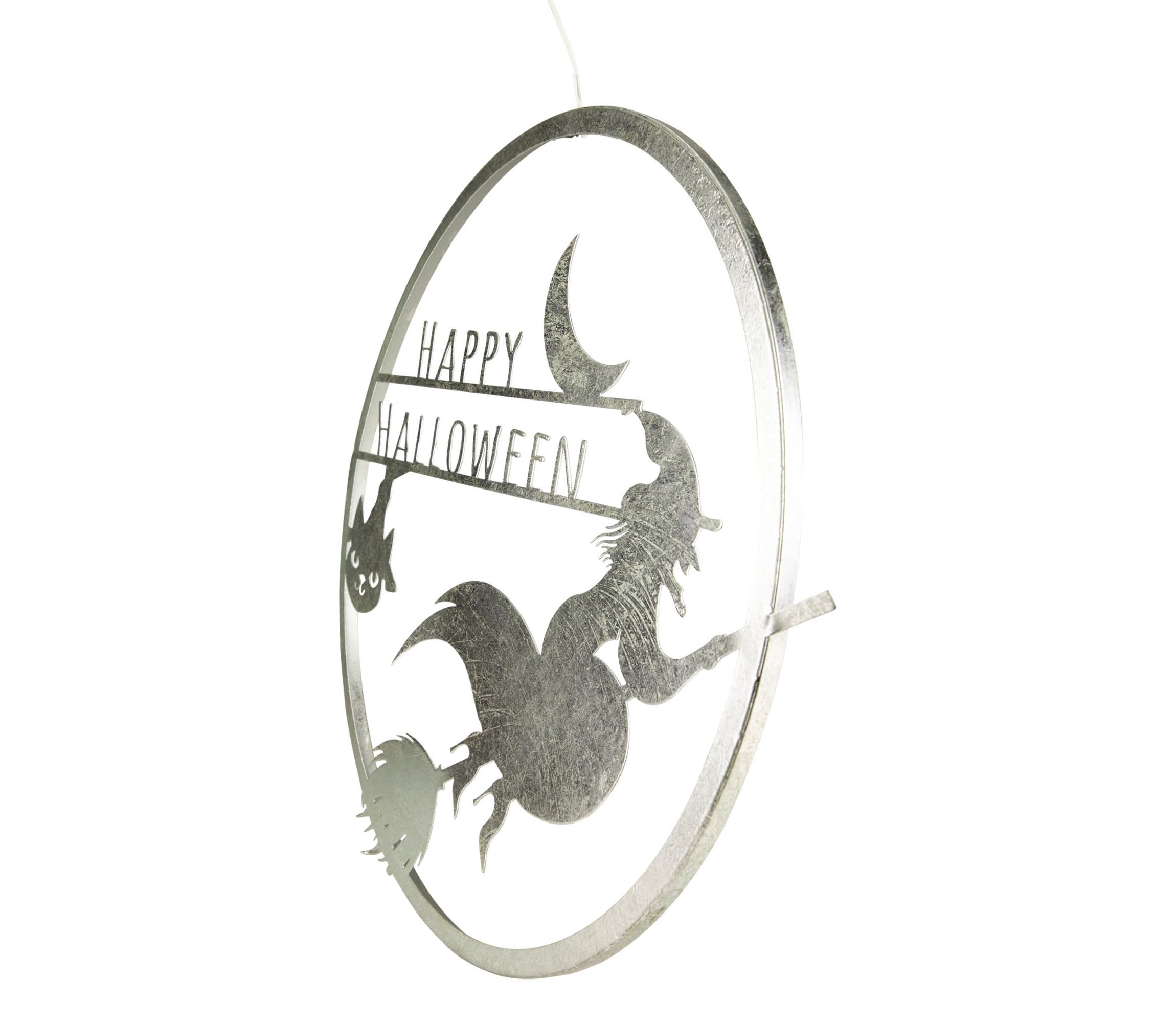 17" Silver Flying Witch Happy Halloween Wall Sign