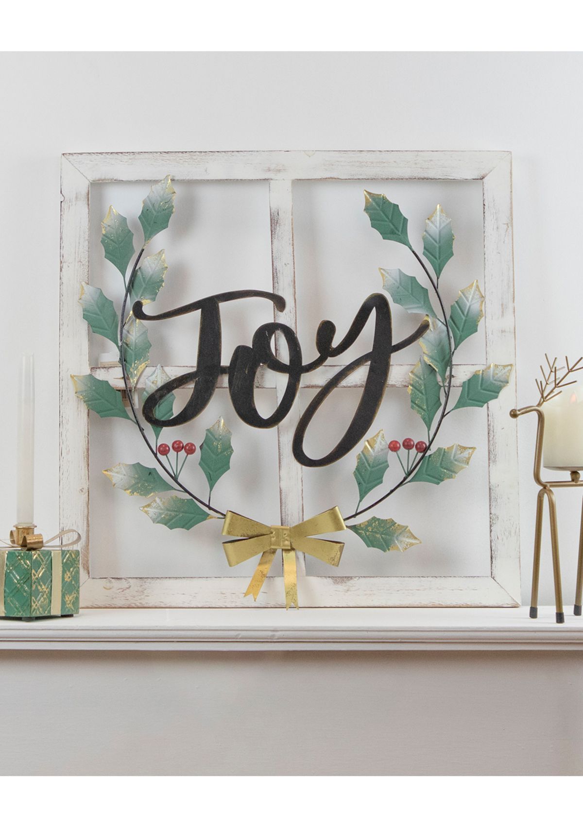 23.75Inch Joy Window Frame with Holly Christmas Wall Sign