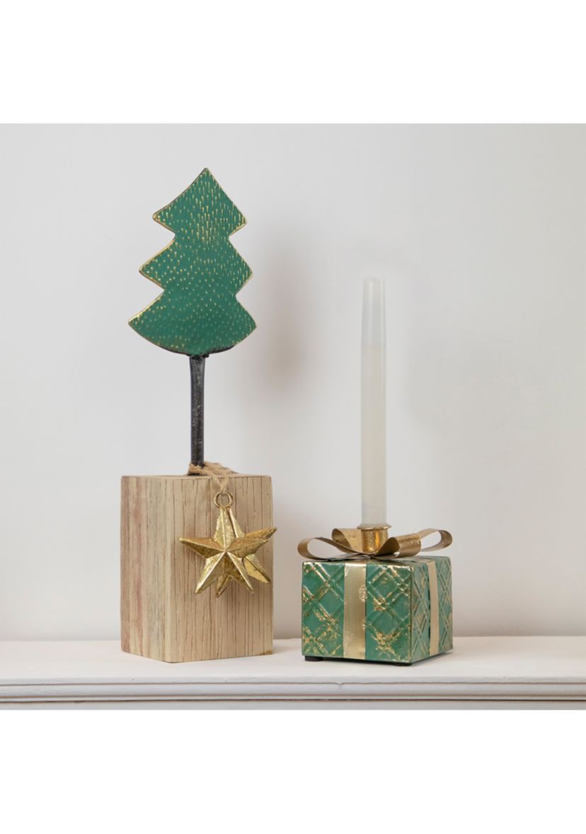 4.5Inch Green Metal Gift Box Christmas Taper Candle Holder