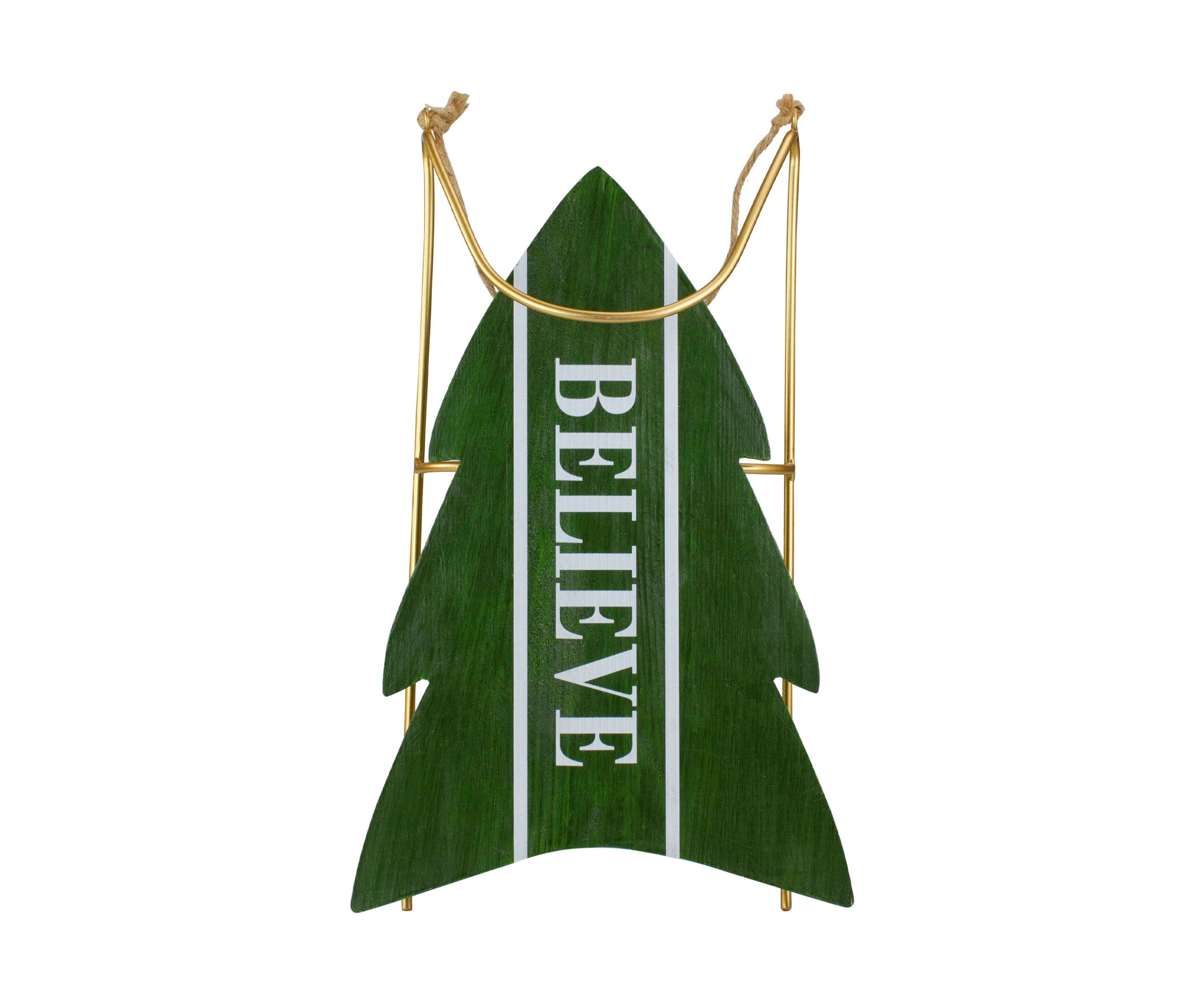 18.25Inch Green Wooden InchBELIEVEInch Christmas Snow Sled Decoration